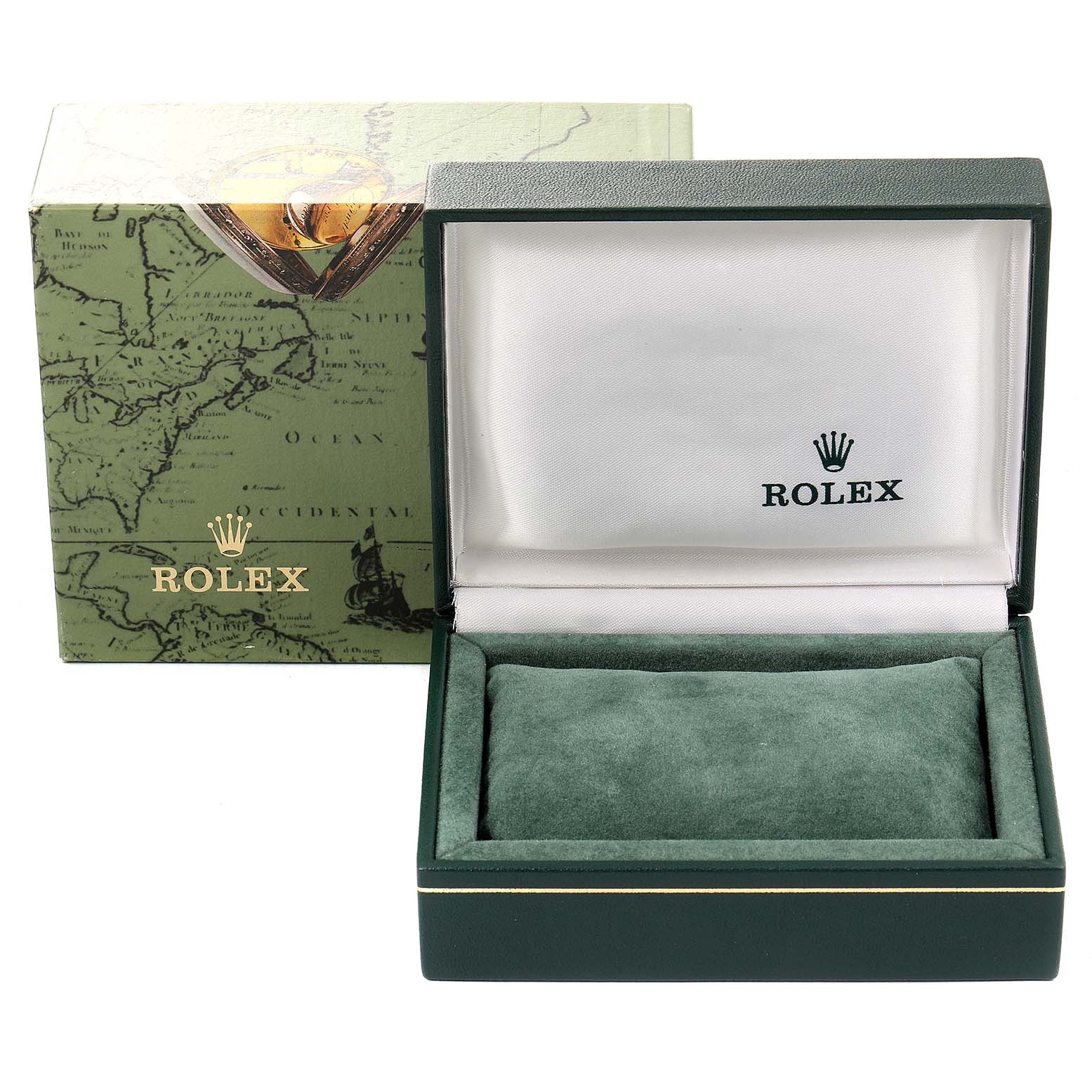 The image shows a green Rolex Datejust 69174 Women's Stainless Steel Blue Dial 69174 Women's Stainless Steel Blue Dial watch box and cushion at a front angle, with the box lid open.