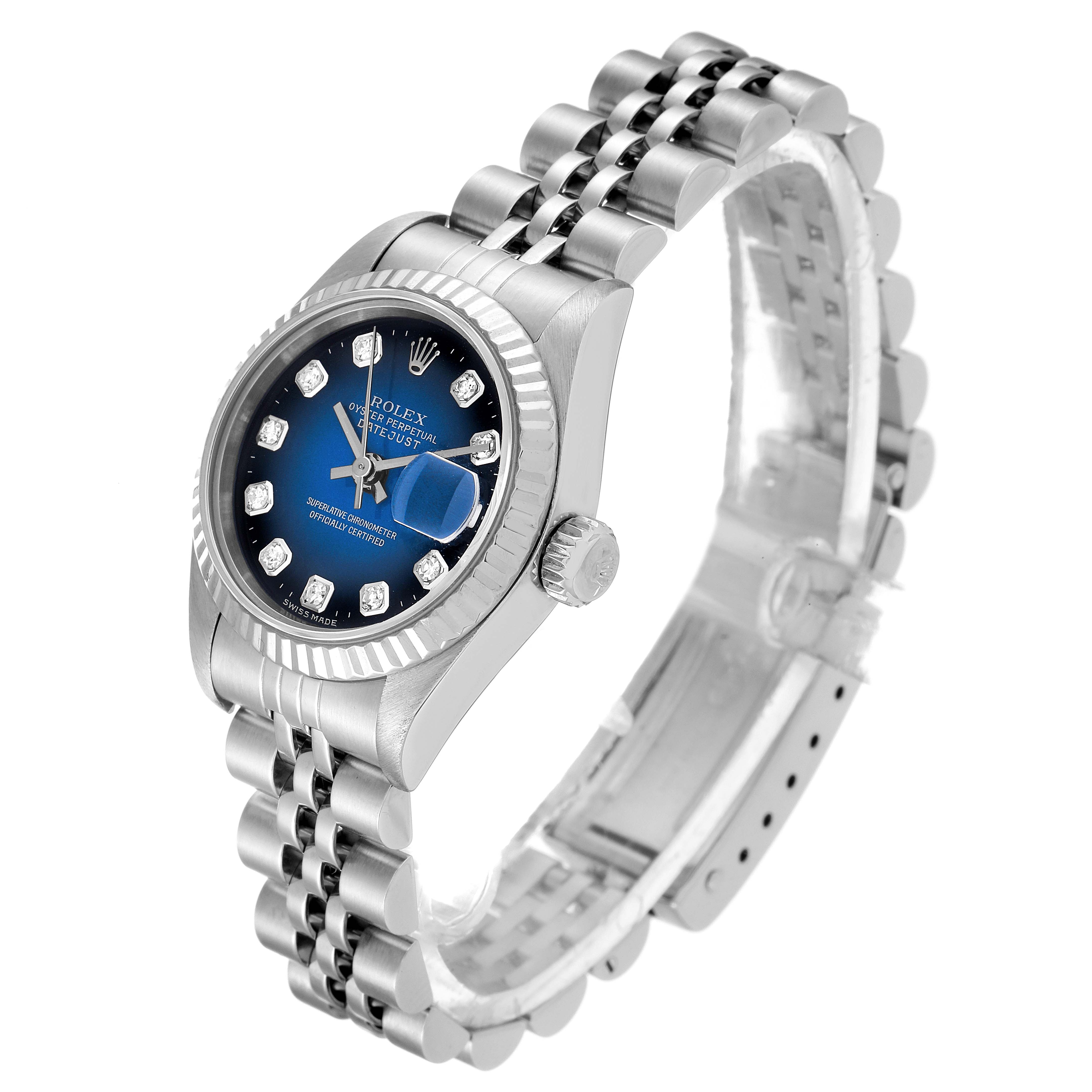 This Rolex Datejust 69174 Women's Stainless Steel Blue Dial 69174 Women's Stainless Steel Blue Dial model watch is shown at a slight angle highlighting the face, bezel, crown, and bracelet.