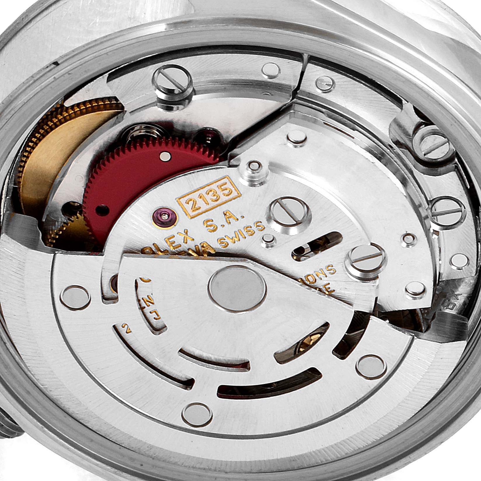 This image shows a close-up, detailed view of the movement mechanism inside the Rolex Datejust 69174 Women's Stainless Steel Blue Dial 69174 Women's Stainless Steel Blue Dial watch.