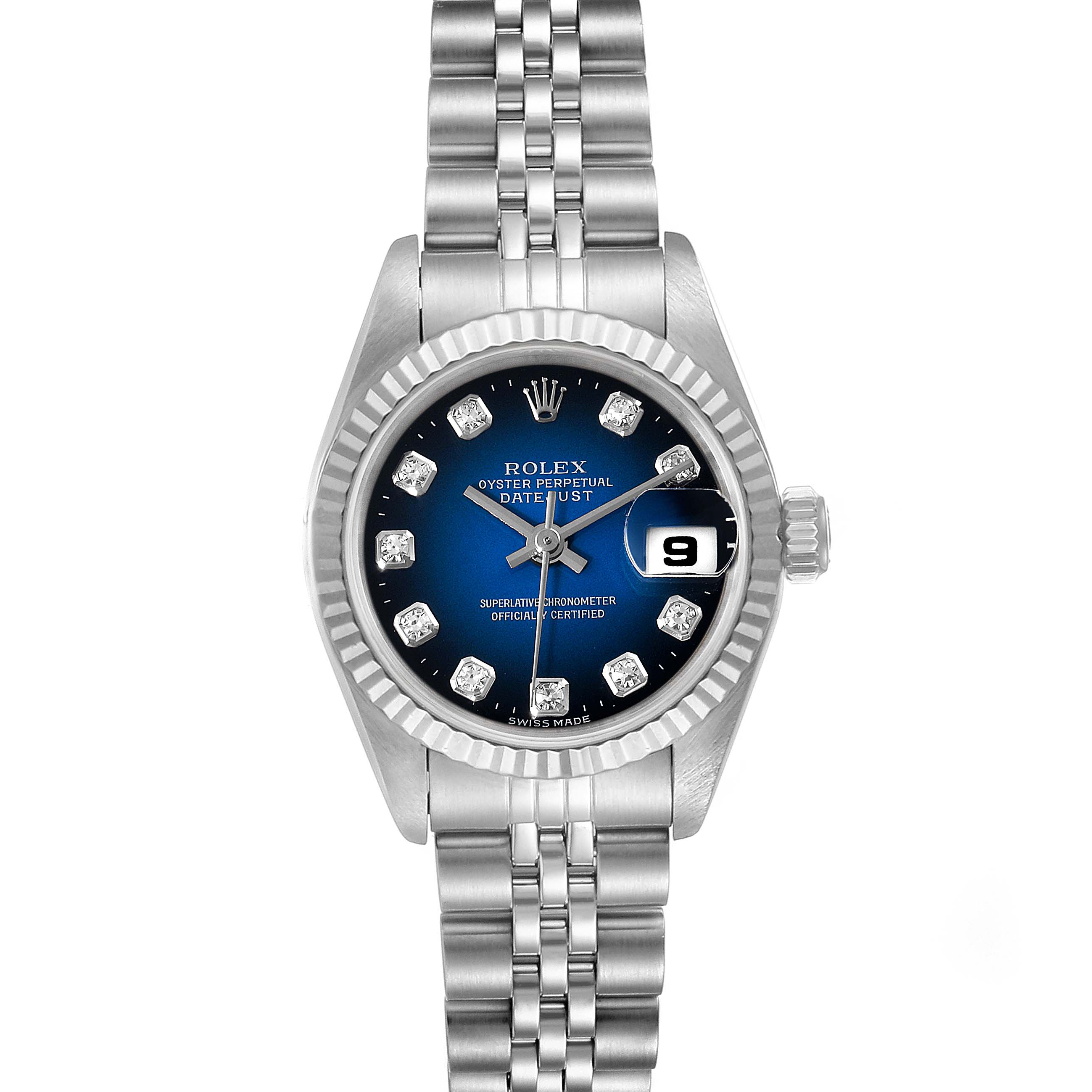 This image shows a front view of a Rolex Datejust 69174 Women's Stainless Steel Blue Dial 69174 Women's Stainless Steel Blue Dial watch featuring a blue dial, diamond hour markers, and a Jubilee bracelet.