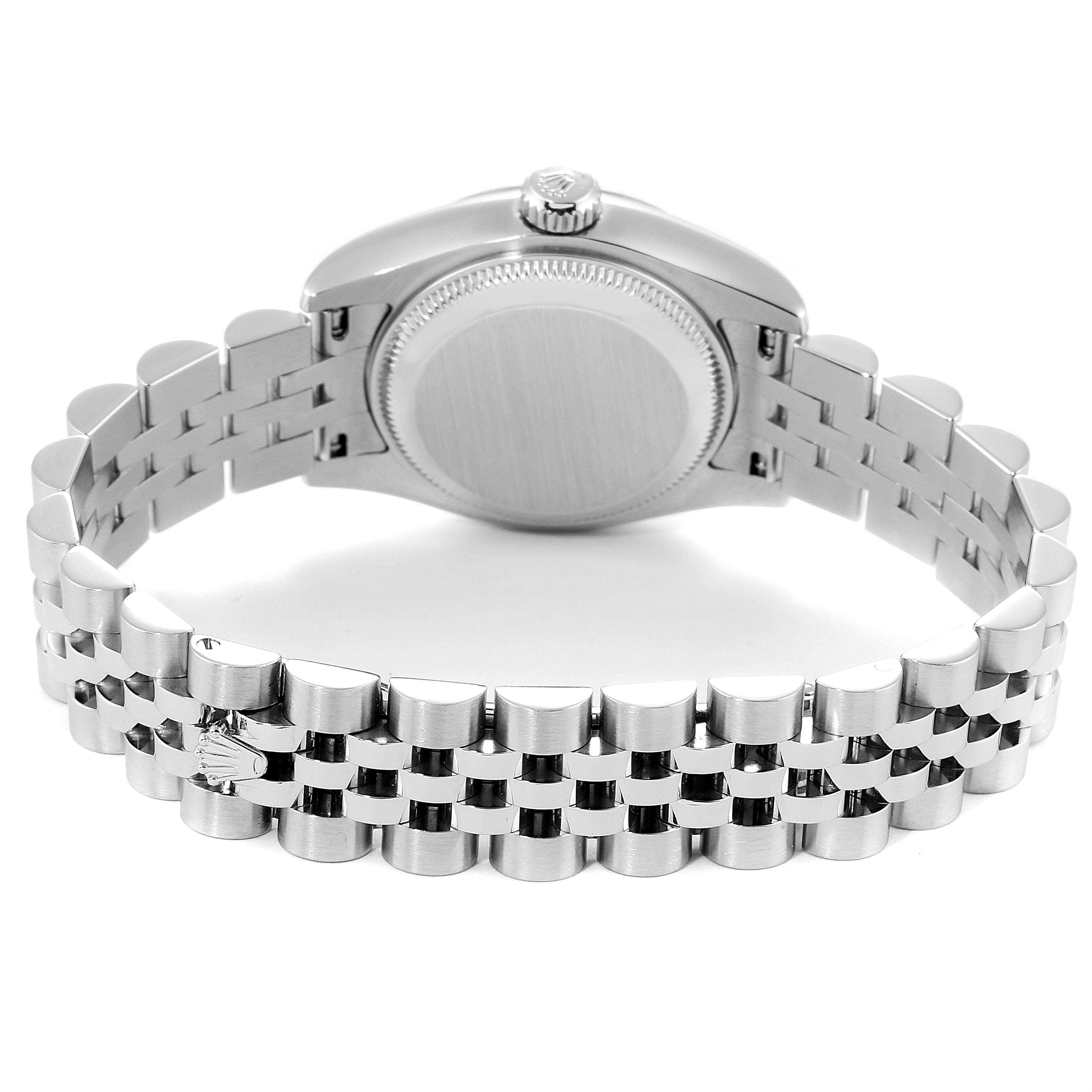 The image shows the back view of a Rolex Datejust 79174 Women's Stainless Steel Black Dial 79174 Women's Stainless Steel Black Dial watch, focusing on the bracelet and case back.