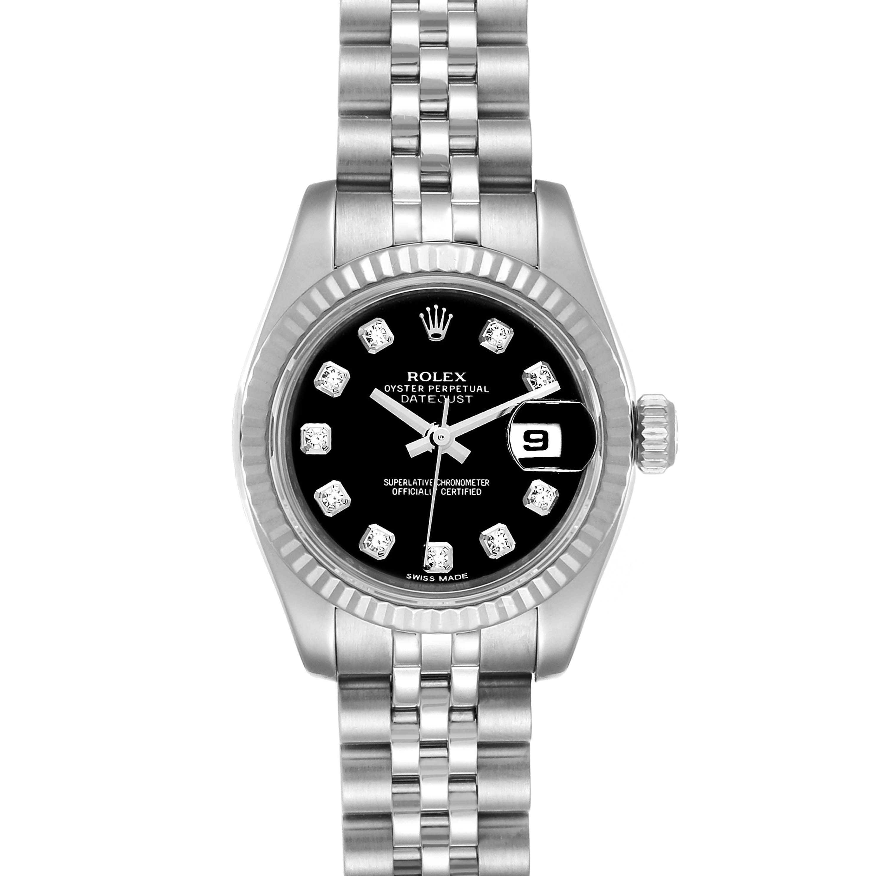 The image shows a front view of the Rolex Datejust 79174 Women's Stainless Steel Black Dial 79174 Women's Stainless Steel Black Dial watch, displaying its face, bezel, and bracelet chain.