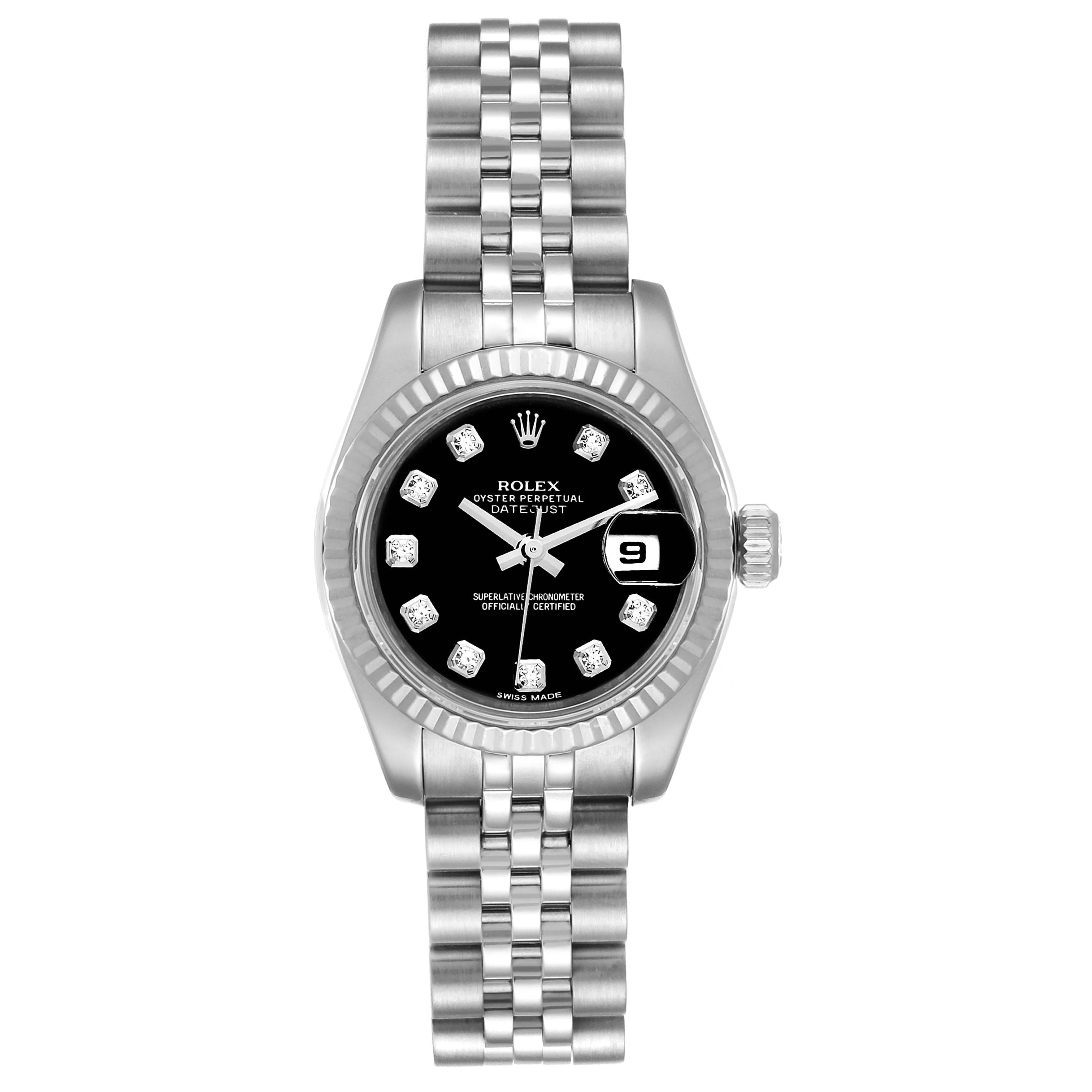 This image shows a front view of the Rolex Datejust 79174 Women's Stainless Steel Black Dial 79174 Women's Stainless Steel Black Dial watch, displaying the dial, bezel, and bracelet.