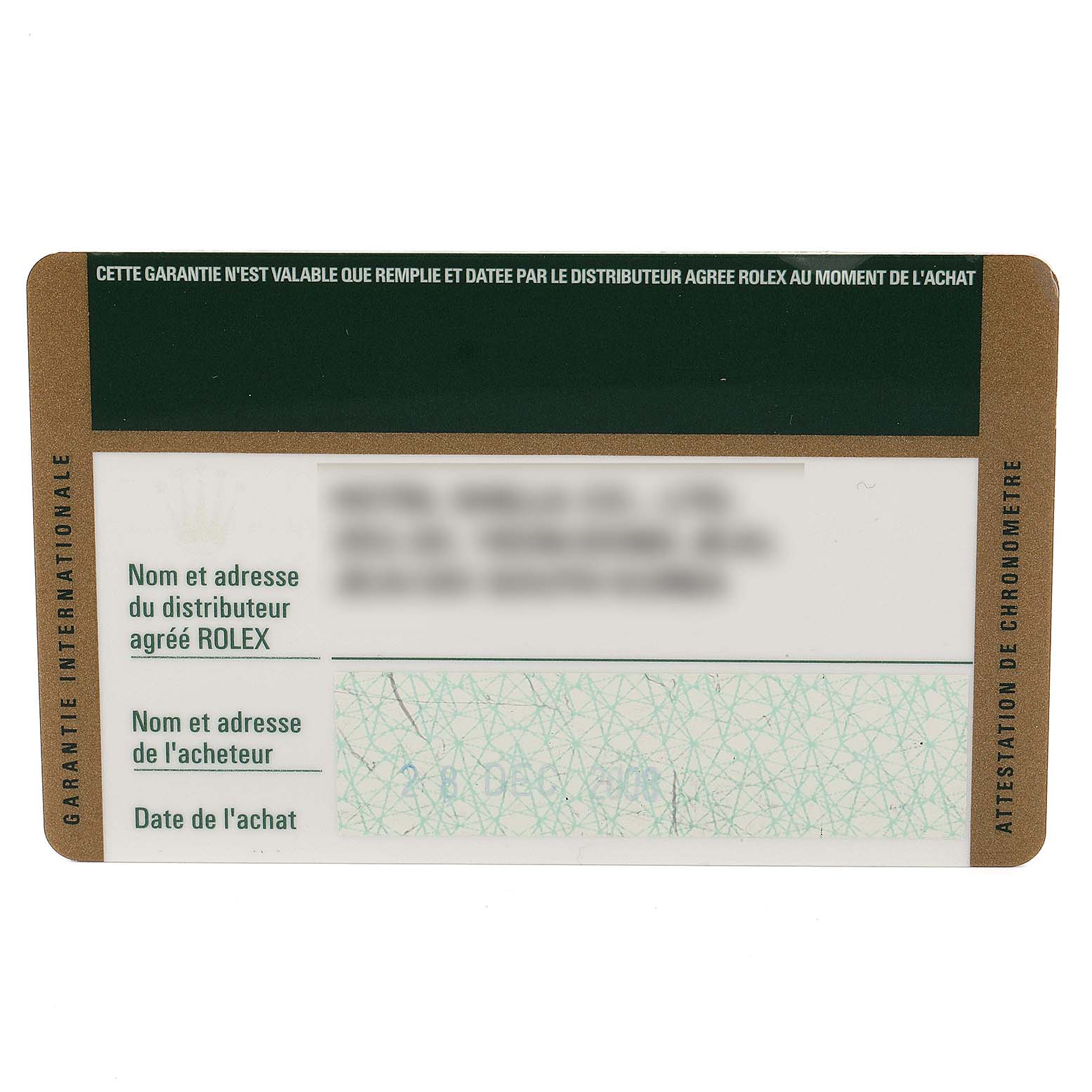 This image shows an international warranty card for a Rolex Datejust 79174 Women's Stainless Steel Black Dial 79174 Women's Stainless Steel Black Dial model.