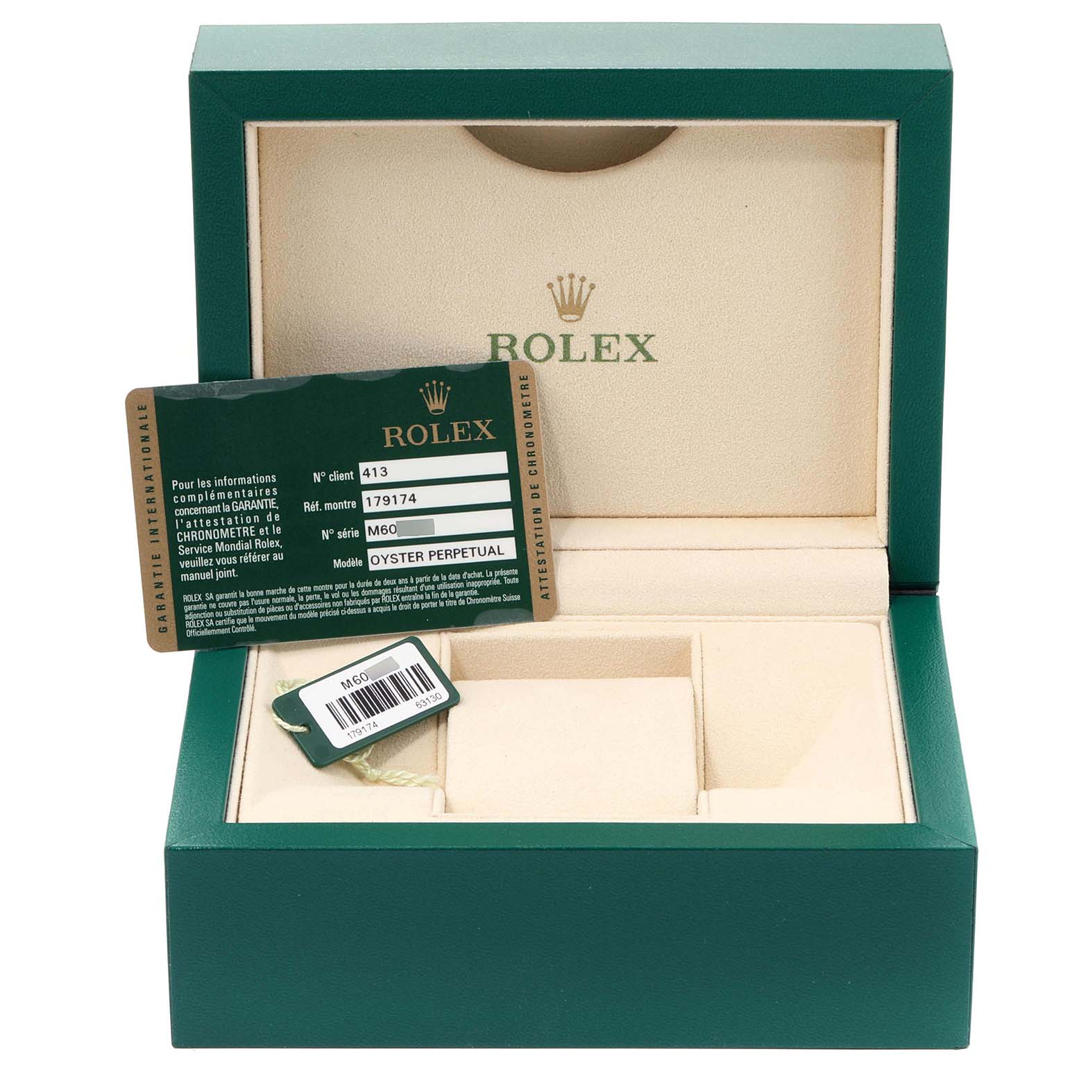 The image shows a Rolex Datejust 79174 Women's Stainless Steel Black Dial 79174 Women's Stainless Steel Black Dial watch box at an angle with warranty cards visible inside.