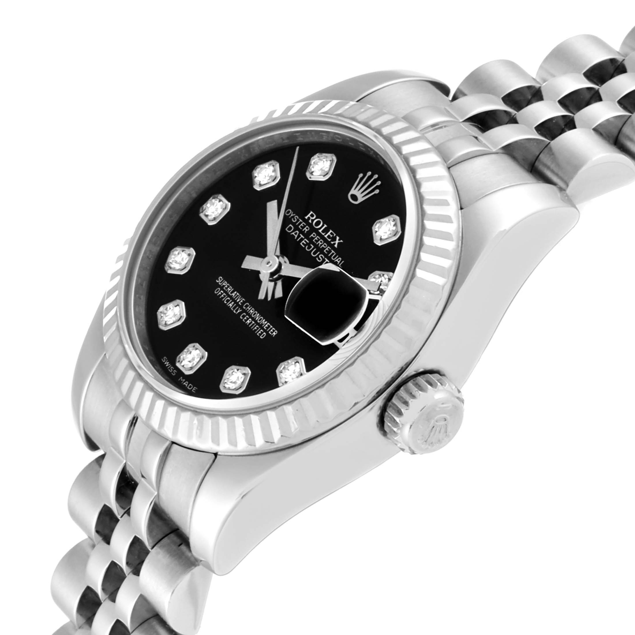 This image shows a Rolex Datejust 79174 Women's Stainless Steel Black Dial 79174 Women's Stainless Steel Black Dial watch at an angled view, highlighting the dial, crown, and part of the bracelet.