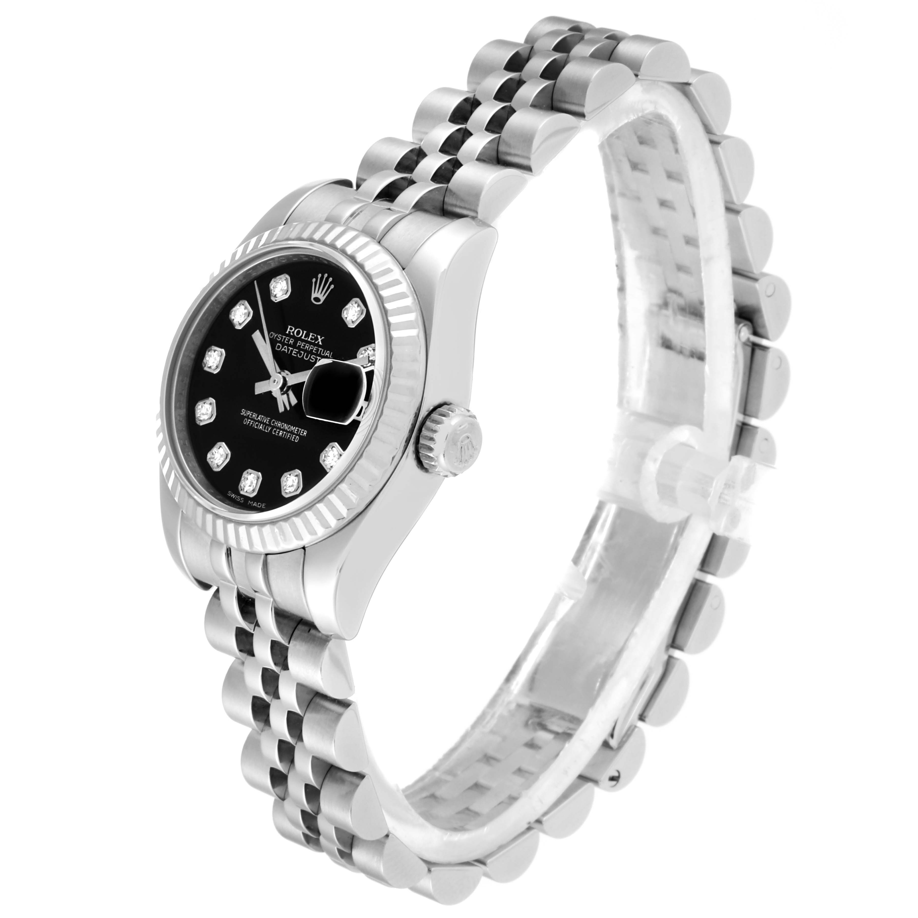 The image shows a side profile of the Rolex Datejust 79174 Women's Stainless Steel Black Dial 79174 Women's Stainless Steel Black Dial watch, highlighting its case, bezel, black dial, and bracelet.