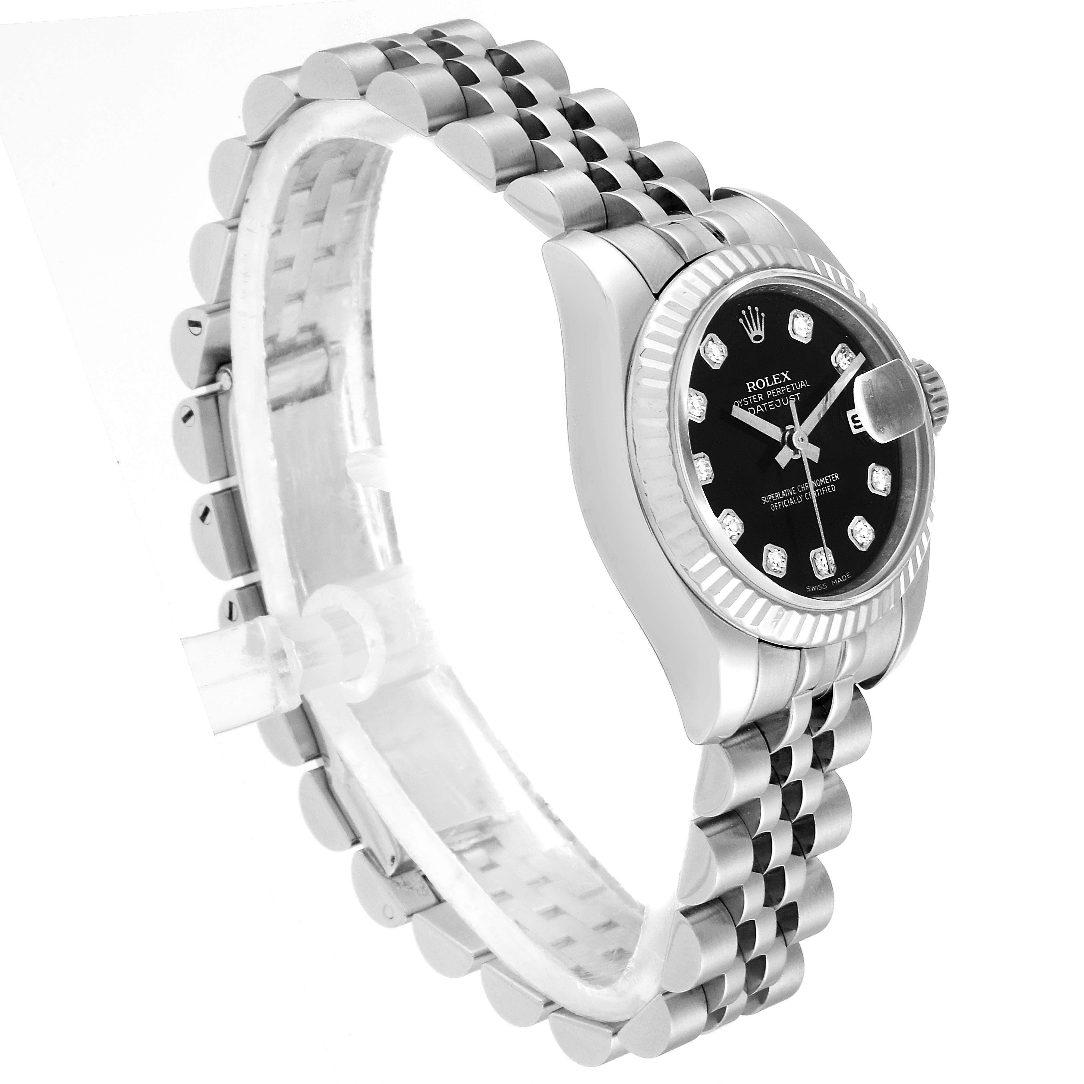 This image shows a Rolex Datejust 79174 Women's Stainless Steel Black Dial 79174 Women's Stainless Steel Black Dial watch angled to display the face, bezel, and bracelet in a side profile.