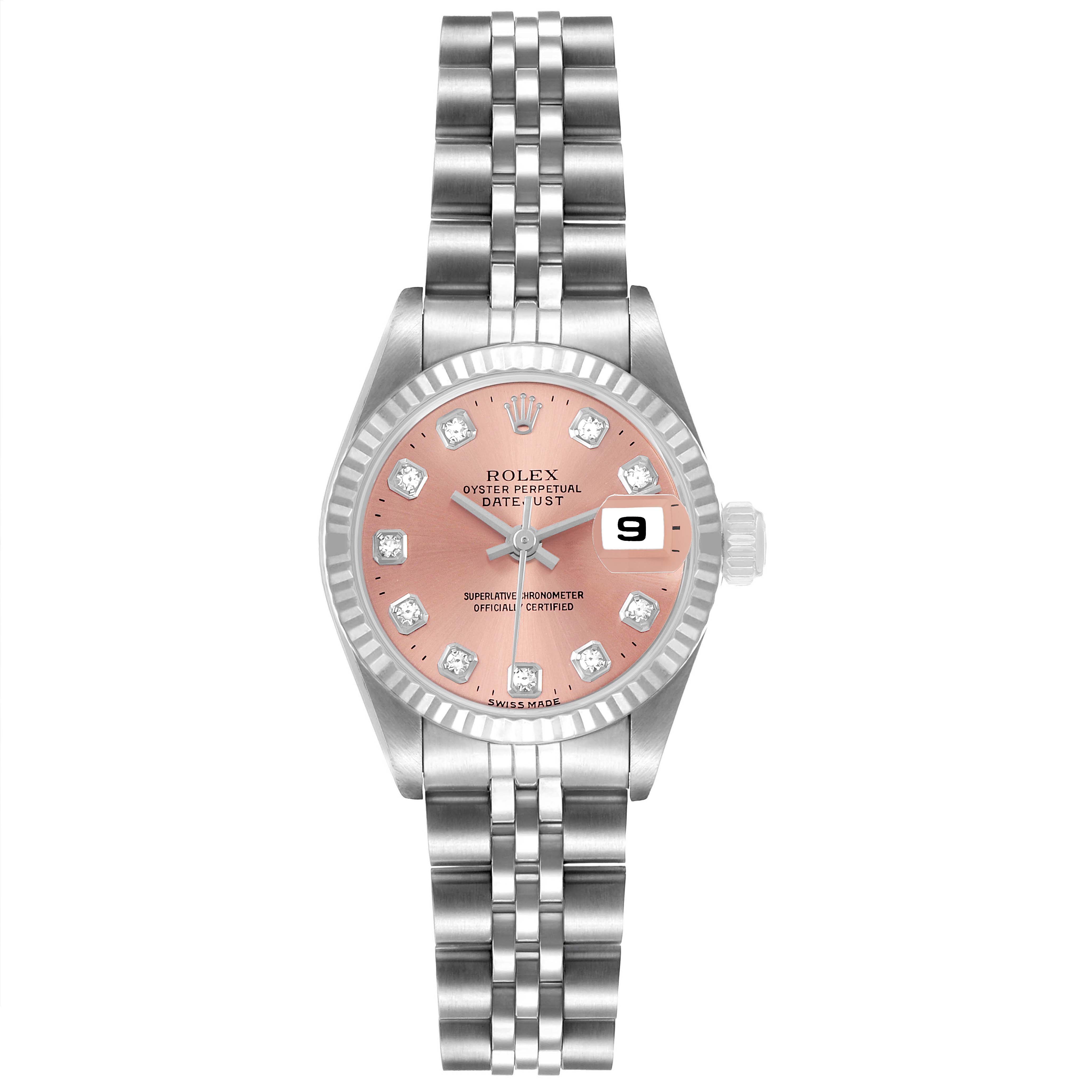 The Rolex Datejust 69174 Women's Stainless Steel Pink Dial watch is shown from the front, highlighting its pink dial, diamond hour markers, and Jubilee bracelet.