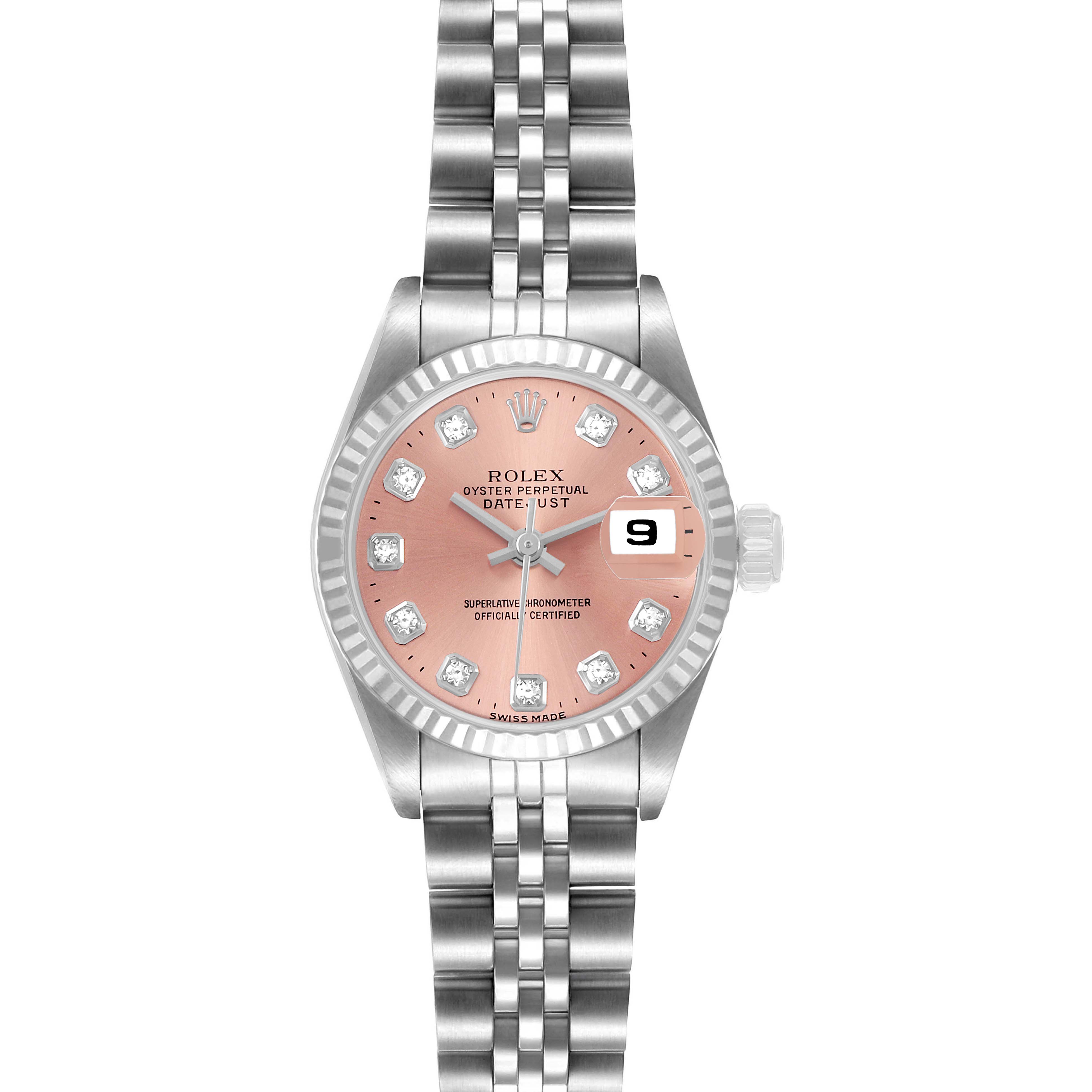 The Rolex Datejust 69174 Women's Stainless Steel Pink Dial watch is shown from a top-down angle, highlighting the dial, bezel, bracelet, and crown.