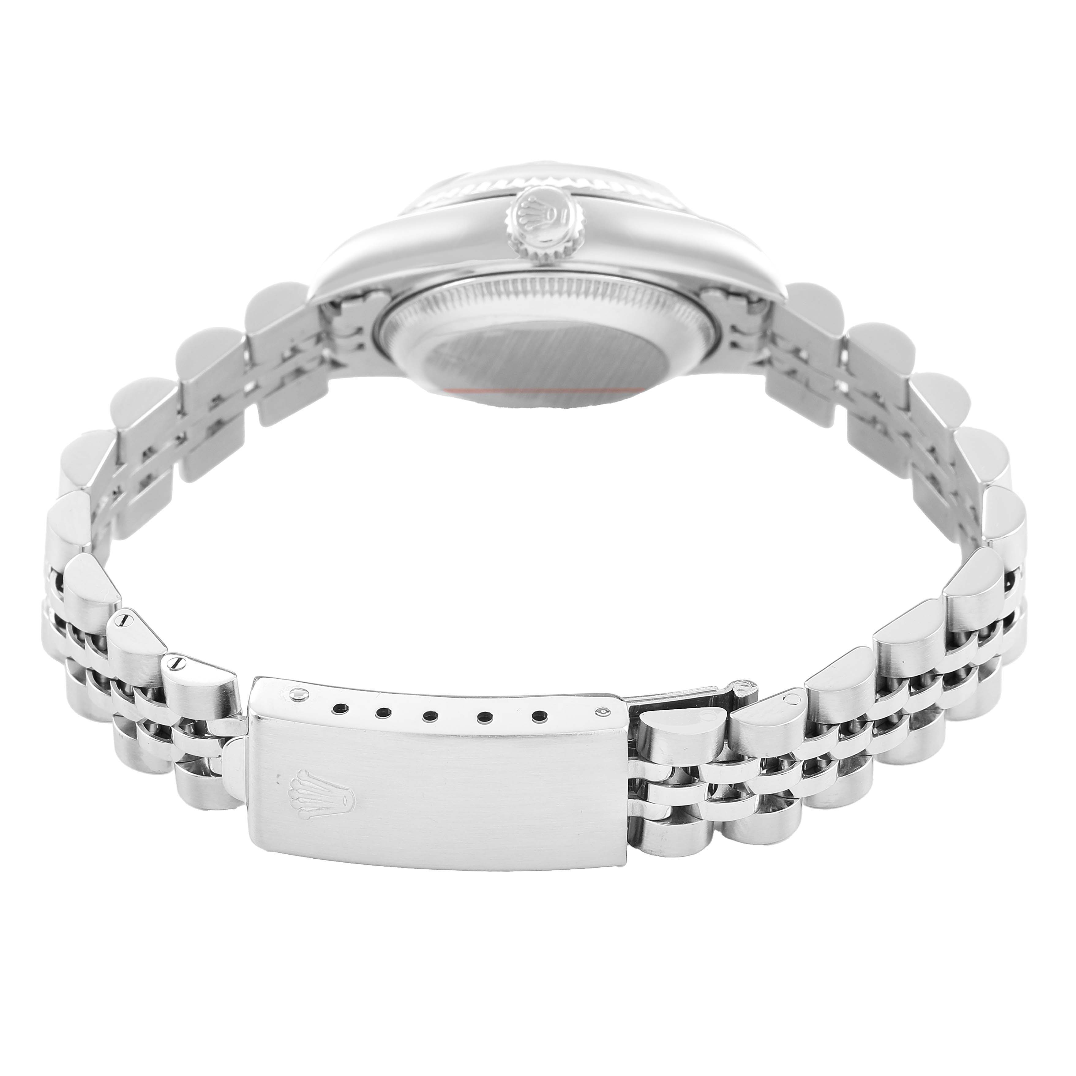 The image shows the back view of a Rolex Datejust 69174 Women's Stainless Steel Pink Dial, highlighting the bracelet, clasp, case back, and crown.
