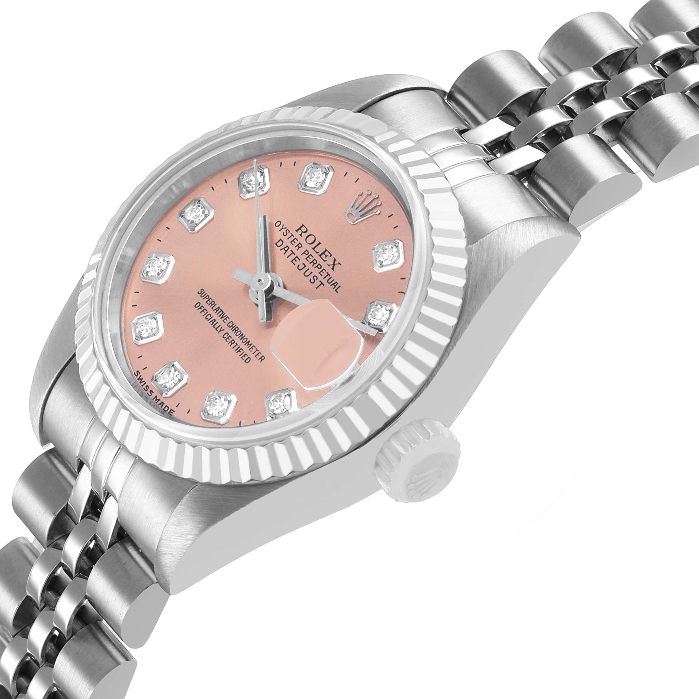 The Rolex Datejust 69174 Women's Stainless Steel Pink Dial watch is shown at an angle highlighting the face, bezel, crown, and part of the bracelet.