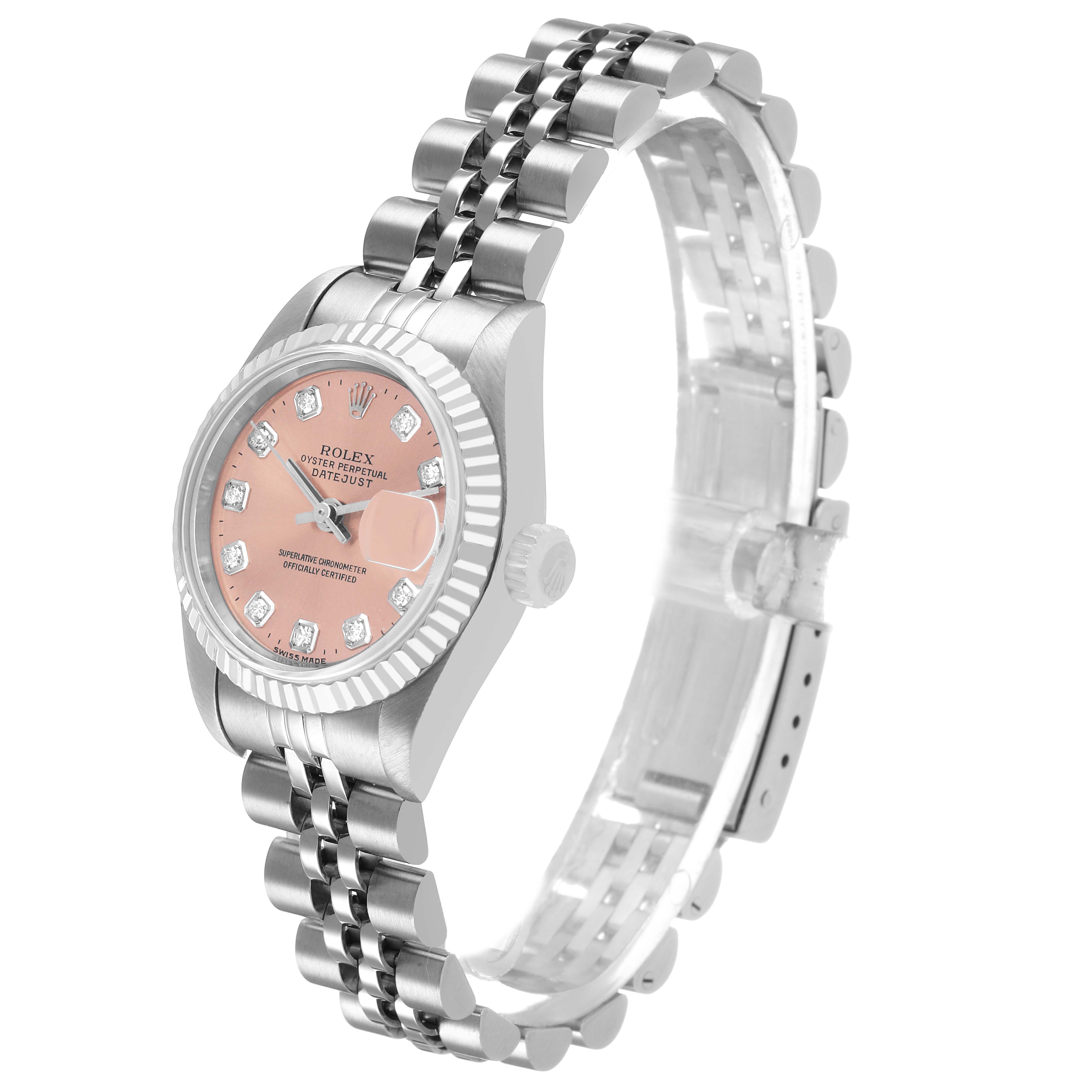 The Rolex Datejust 69174 Women's Stainless Steel Pink Dial watch is shown at a three-quarter angle, displaying the case, pink dial, bracelet, and fluted bezel.