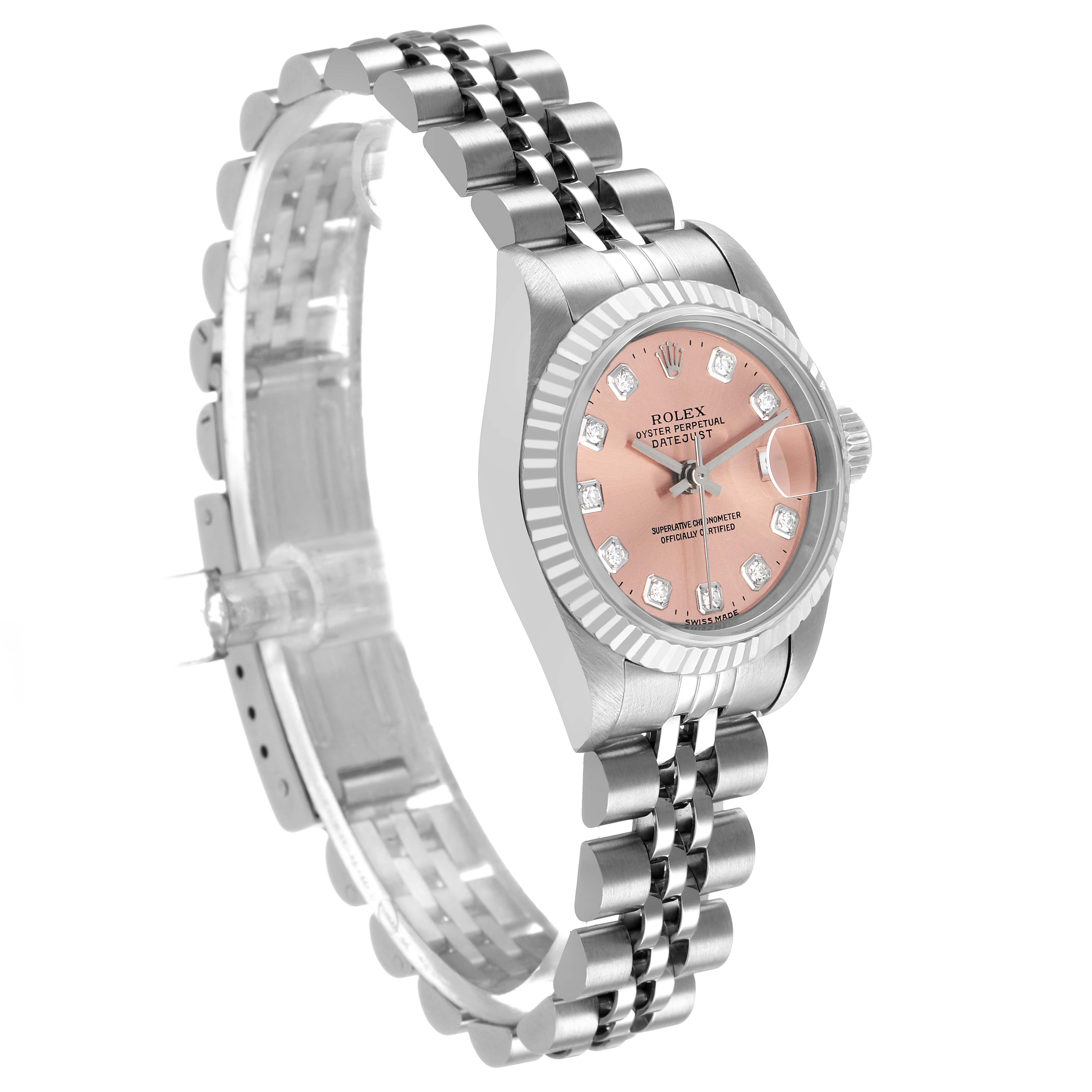 The Rolex Datejust 69174 Women's Stainless Steel Pink Dial watch is shown at a three-quarter angle, displaying its pink dial, fluted bezel, and Jubilee bracelet.