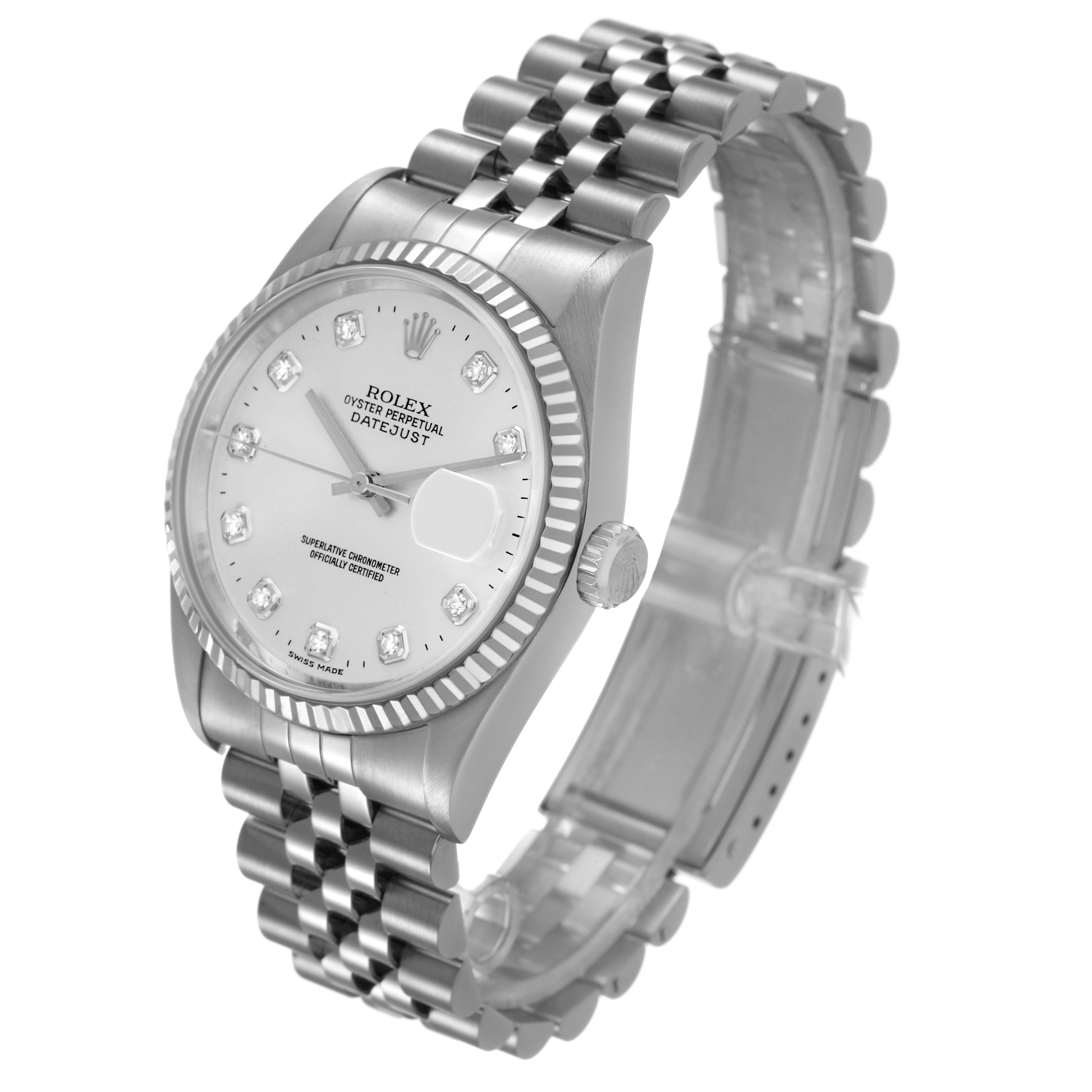 The Rolex Datejust 16234 Men's Stainless Steel Silver Dial is shown at a three-quarter angle, displaying the face, bezel, crown, and bracelet.
