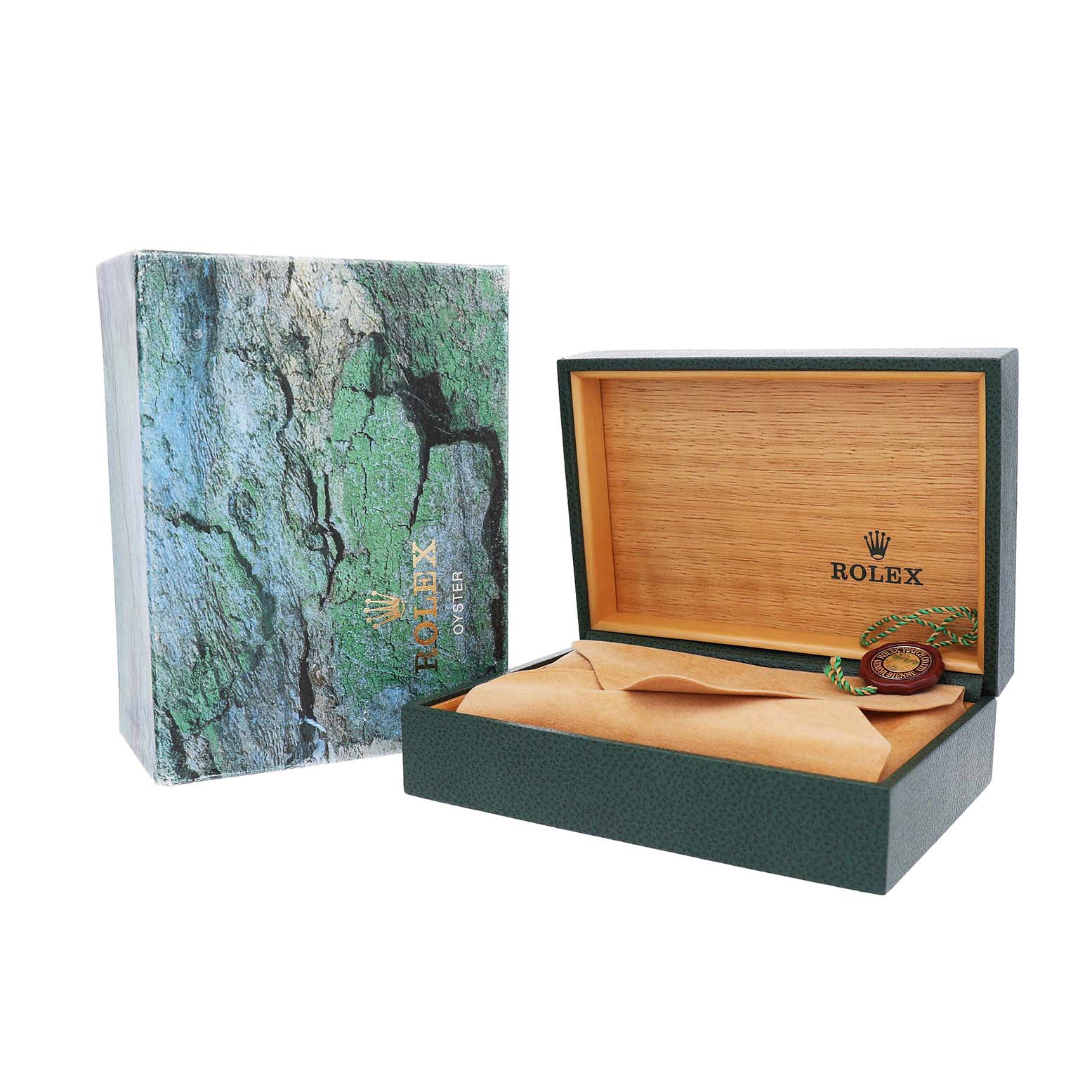 The image shows the packaging and open box for a Rolex Datejust 16234 Men's Stainless Steel Silver Dial watch, featuring the inside lining and an accompanying tag.