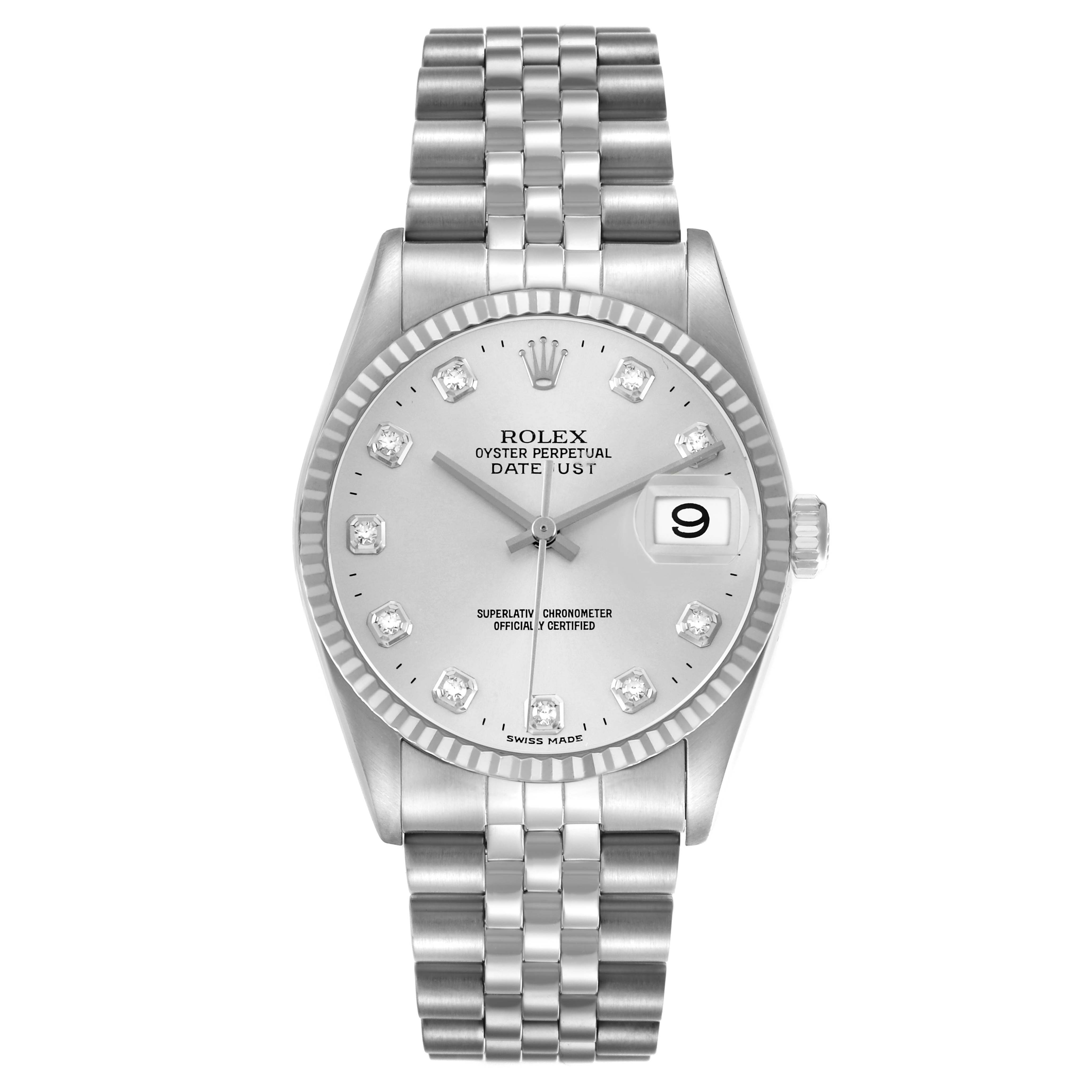 The Rolex Datejust 16234 Men's Stainless Steel Silver Dial watch is shown from a front angle, highlighting the dial, bezel, and bracelet.