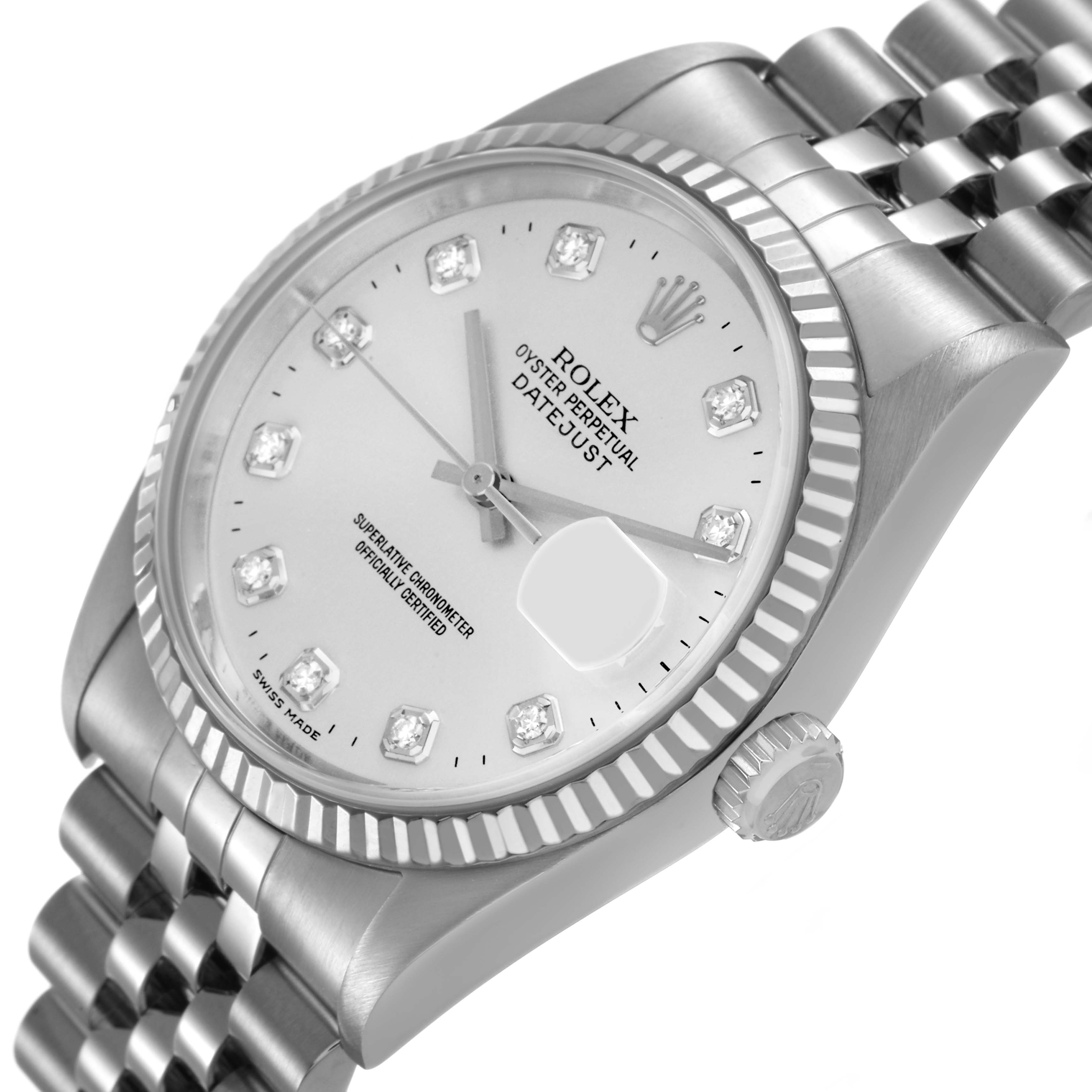 The Rolex Datejust 16234 Men's Stainless Steel Silver Dial is shown at an angle highlighting the dial, bezel, and part of the bracelet.
