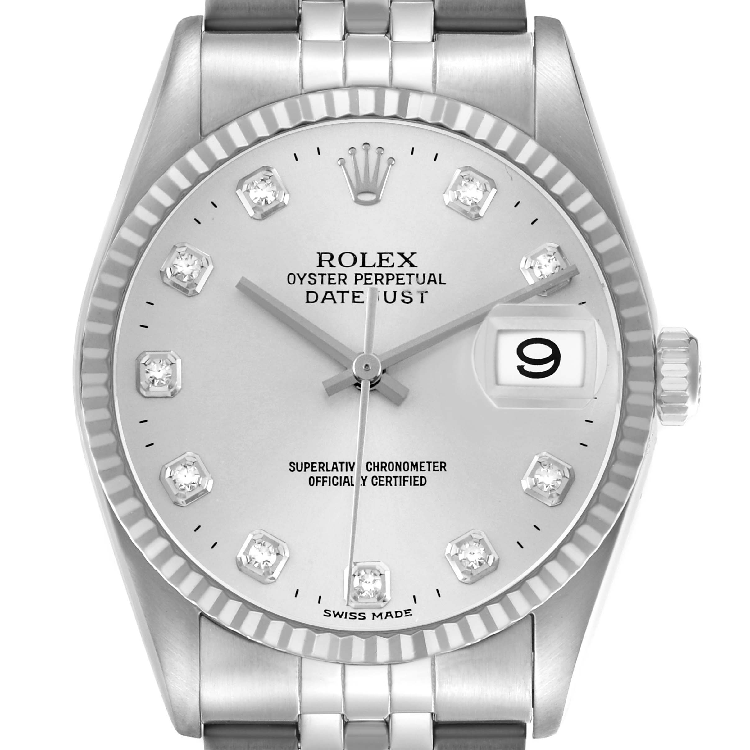 The Rolex Datejust 16234 Men's Stainless Steel Silver Dial watch is shown from a frontal angle, highlighting the dial, bezel, and part of the bracelet.