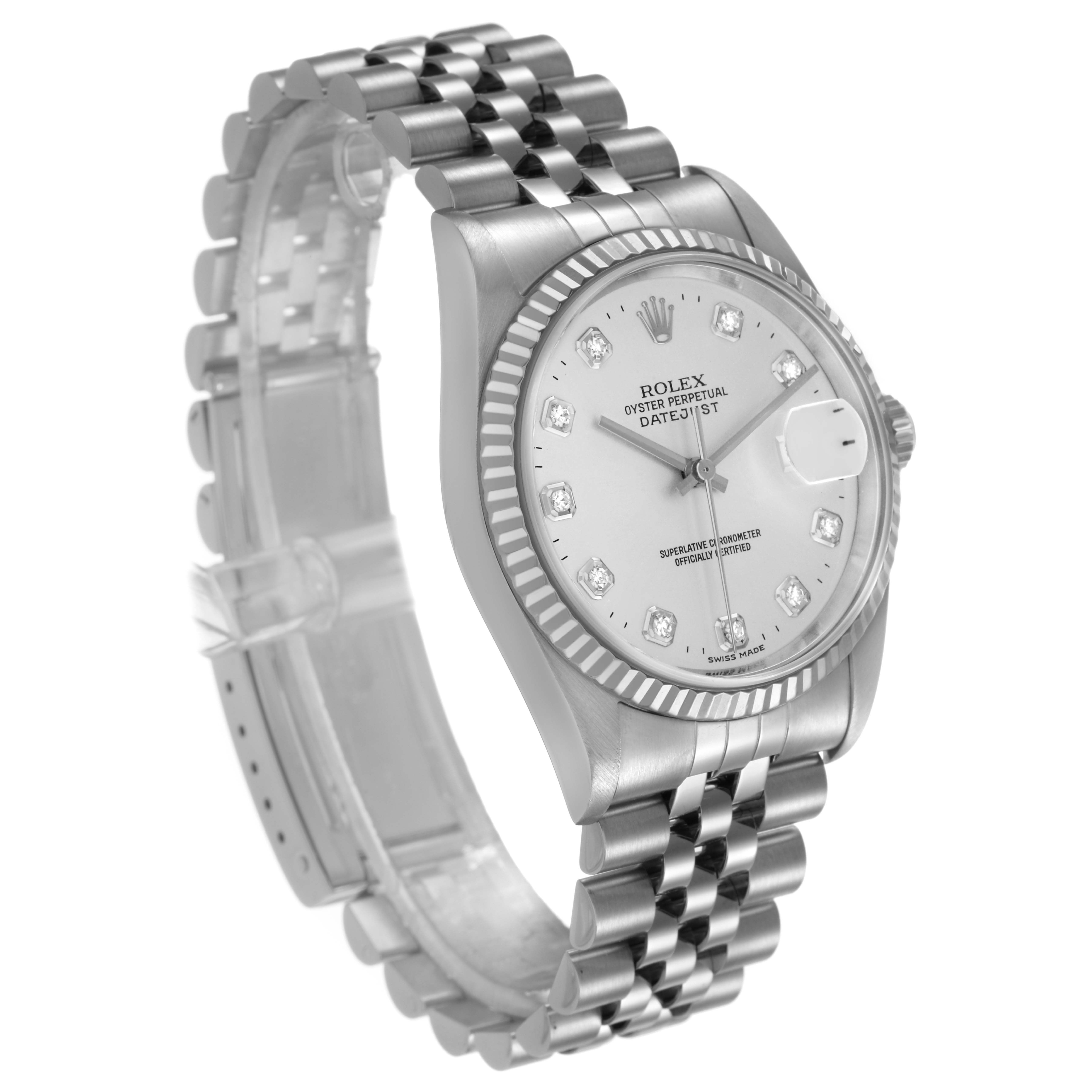 The Rolex Datejust 16234 Men's Stainless Steel Silver Dial watch is shown at a slight angle, highlighting the dial, bezel, bracelet, and crown.