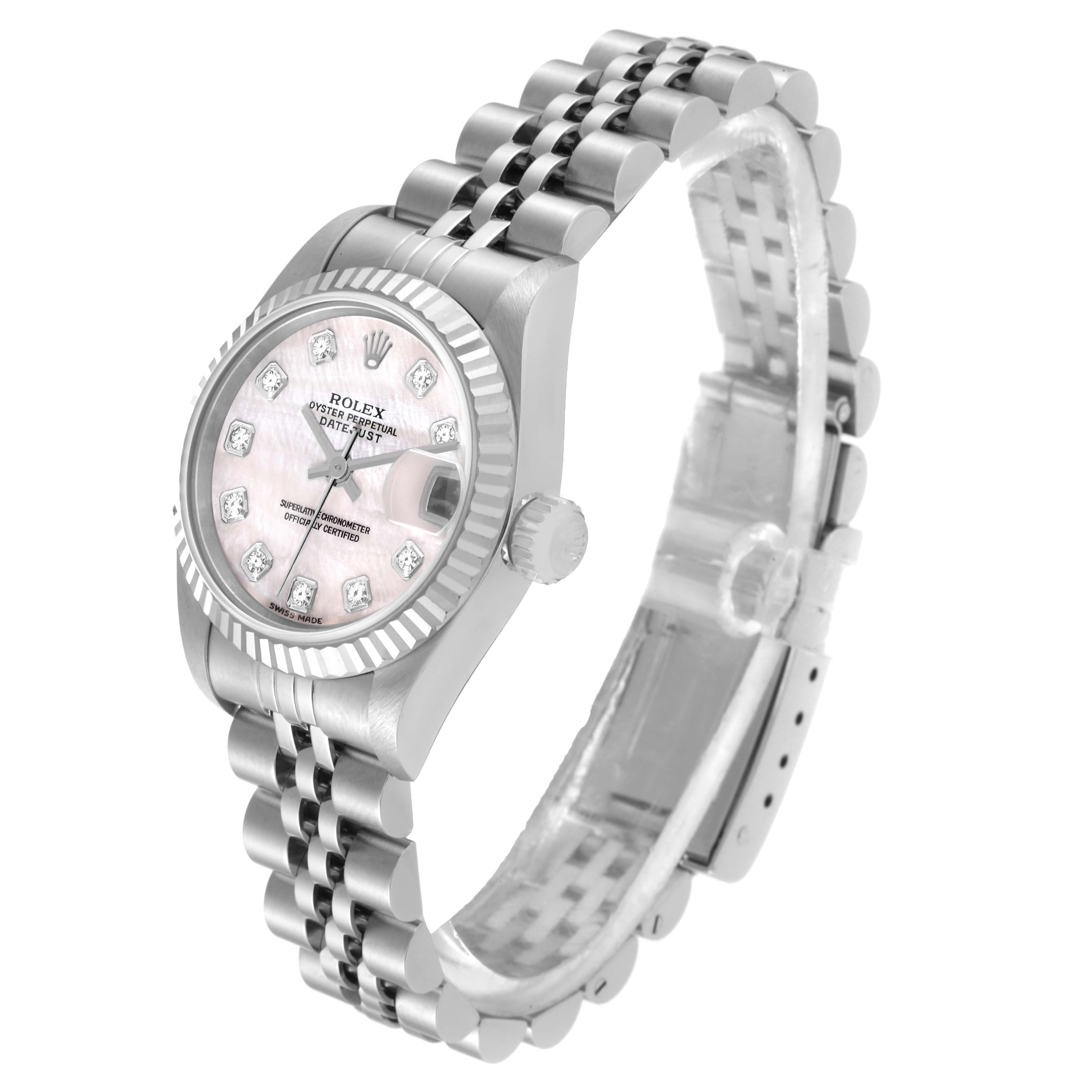 This image shows a Rolex Datejust 79174 Women's Stainless Steel Mother of Pearl Dial 79174 Women's Stainless Steel Mother of Pearl Dial watch at a slight left side angle, highlighting the face, bezel, crown, and bracelet.