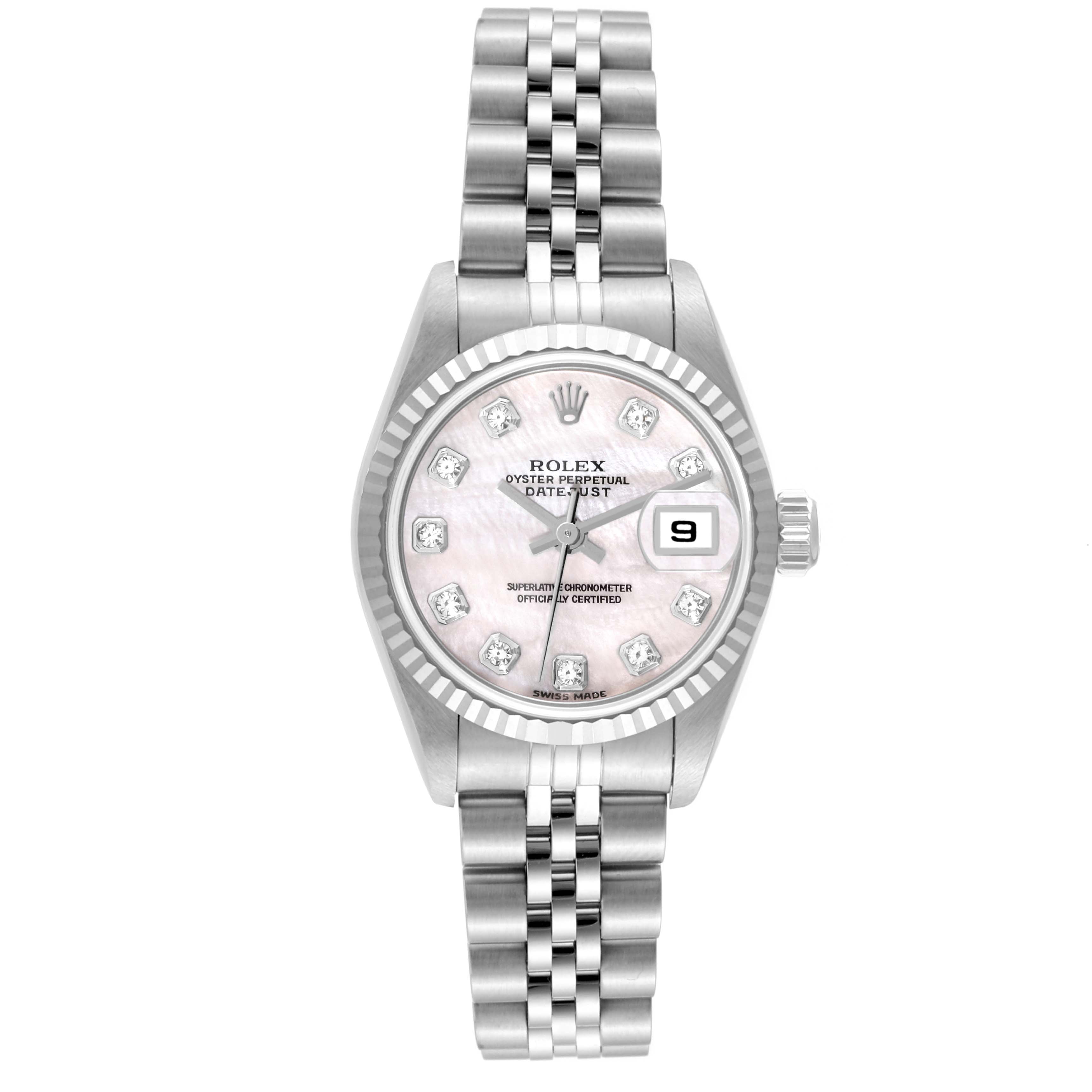 The Rolex Datejust 79174 Women's Stainless Steel Mother of Pearl Dial 79174 Women's Stainless Steel Mother of Pearl Dial watch is shown from a top-down angle, displaying its face, bezel, and bracelet.