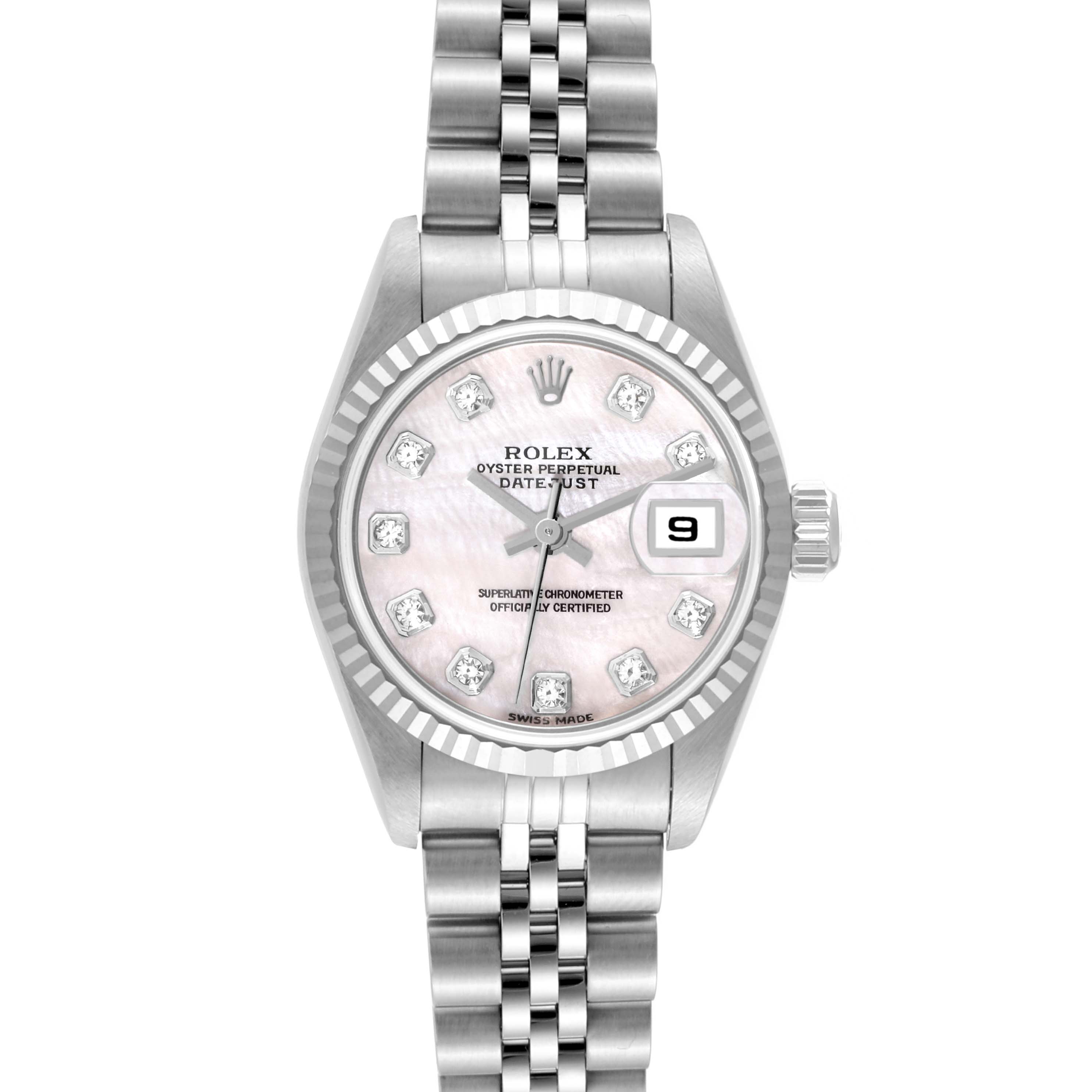 This image shows a full frontal view of a Rolex Datejust 79174 Women's Stainless Steel Mother of Pearl Dial 79174 Women's Stainless Steel Mother of Pearl Dial watch, displaying the dial, bezel, bracelet, and date function.