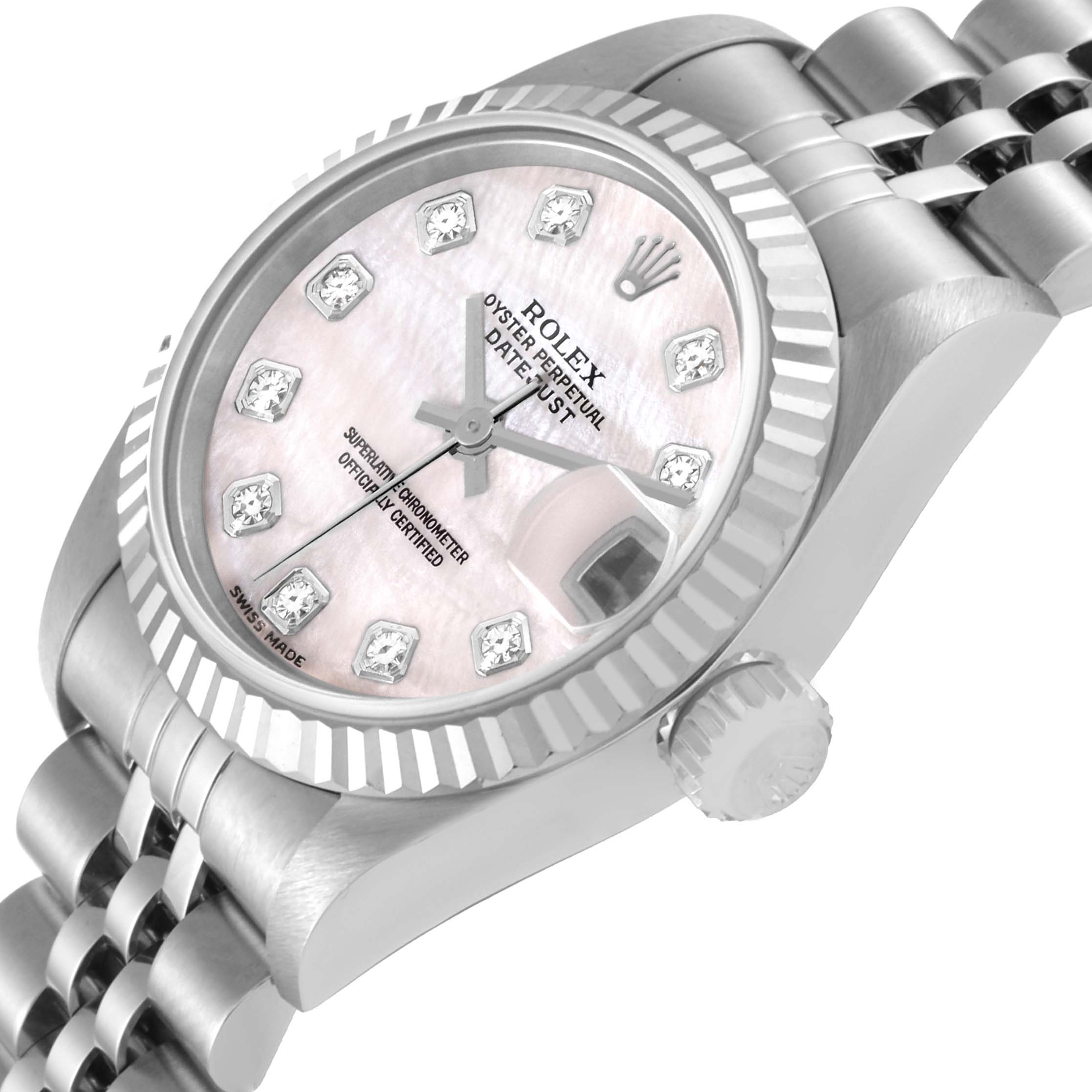 The image shows a side-angle view of a Rolex Datejust 79174 Women's Stainless Steel Mother of Pearl Dial 79174 Women's Stainless Steel Mother of Pearl Dial watch highlighting the face, bezel, and part of the bracelet.