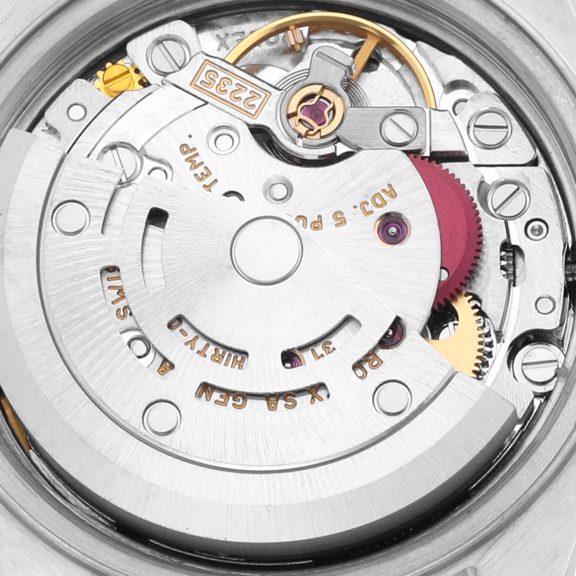 This image shows a close-up view of the Rolex Datejust 79174 Women's Stainless Steel Mother of Pearl Dial 79174 Women's Stainless Steel Mother of Pearl Dial watch movement and internal mechanism parts.