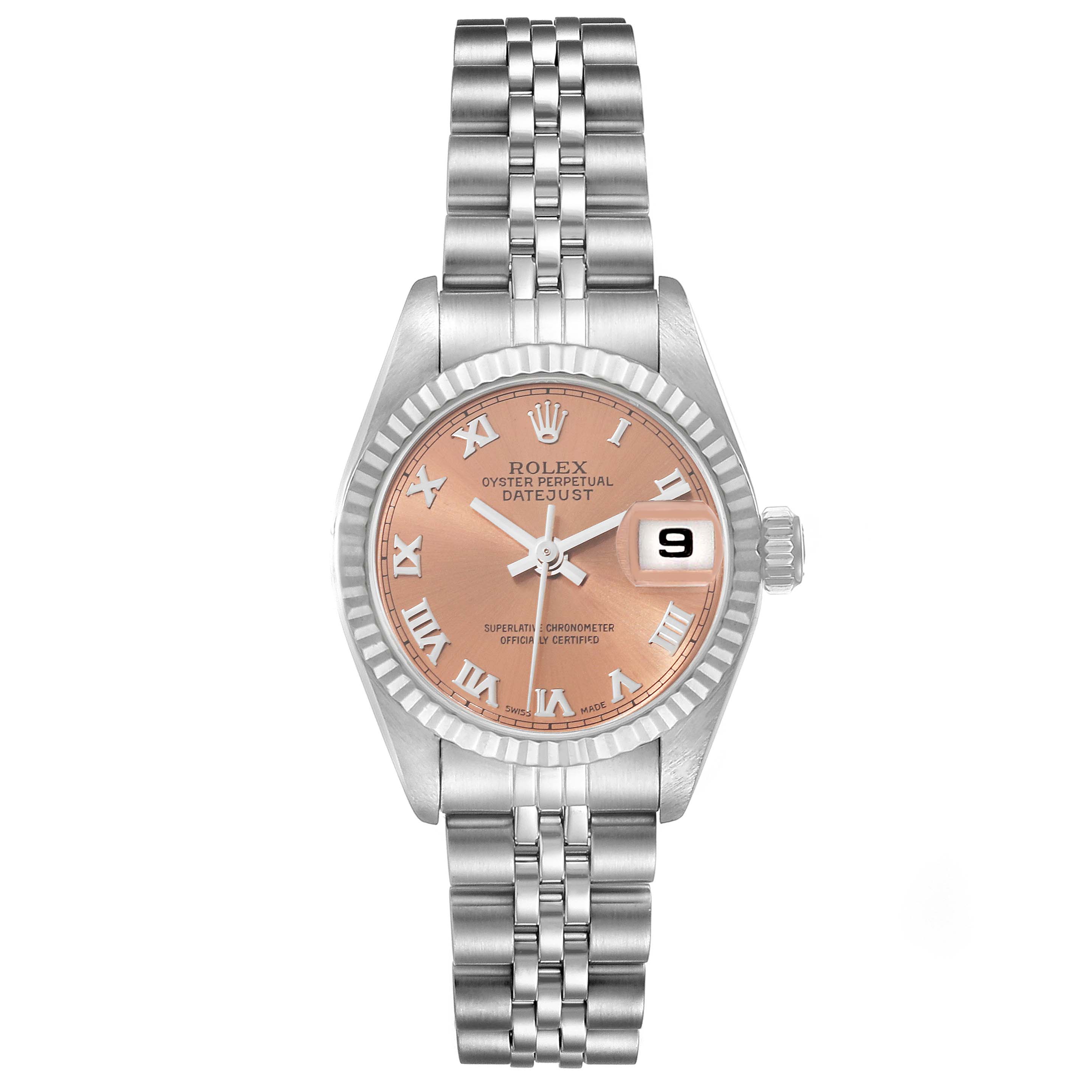 This image shows a front view of a Rolex Datejust 69174 Women's Stainless Steel Pink Dial 69174 Women's Stainless Steel Pink Dial watch, displaying its face, bracelet, and bezel.