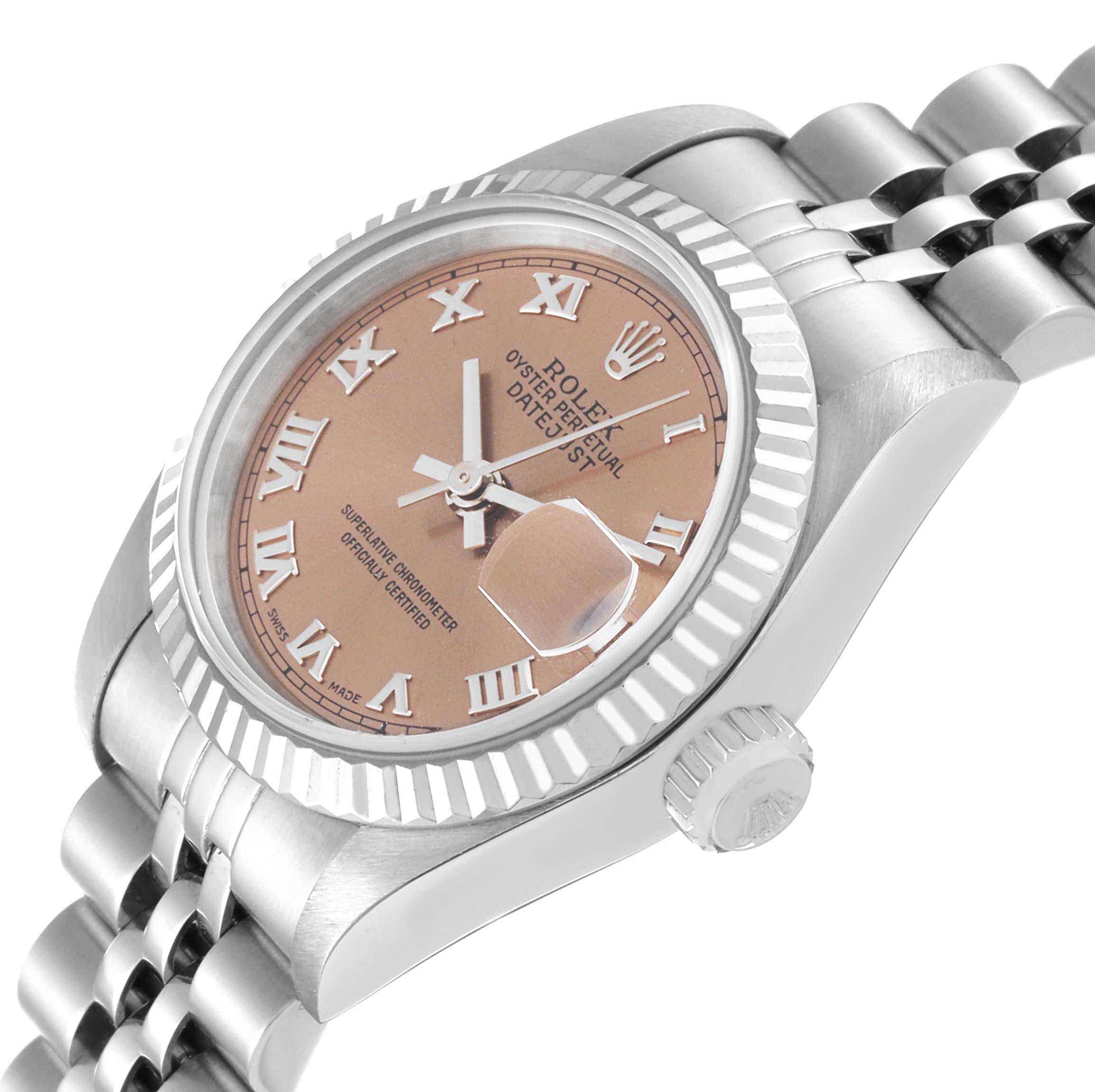 The image shows an angled view of the Rolex Datejust 69174 Women's Stainless Steel Pink Dial 69174 Women's Stainless Steel Pink Dial watch, highlighting the face, bezel, crown, and part of the bracelet.