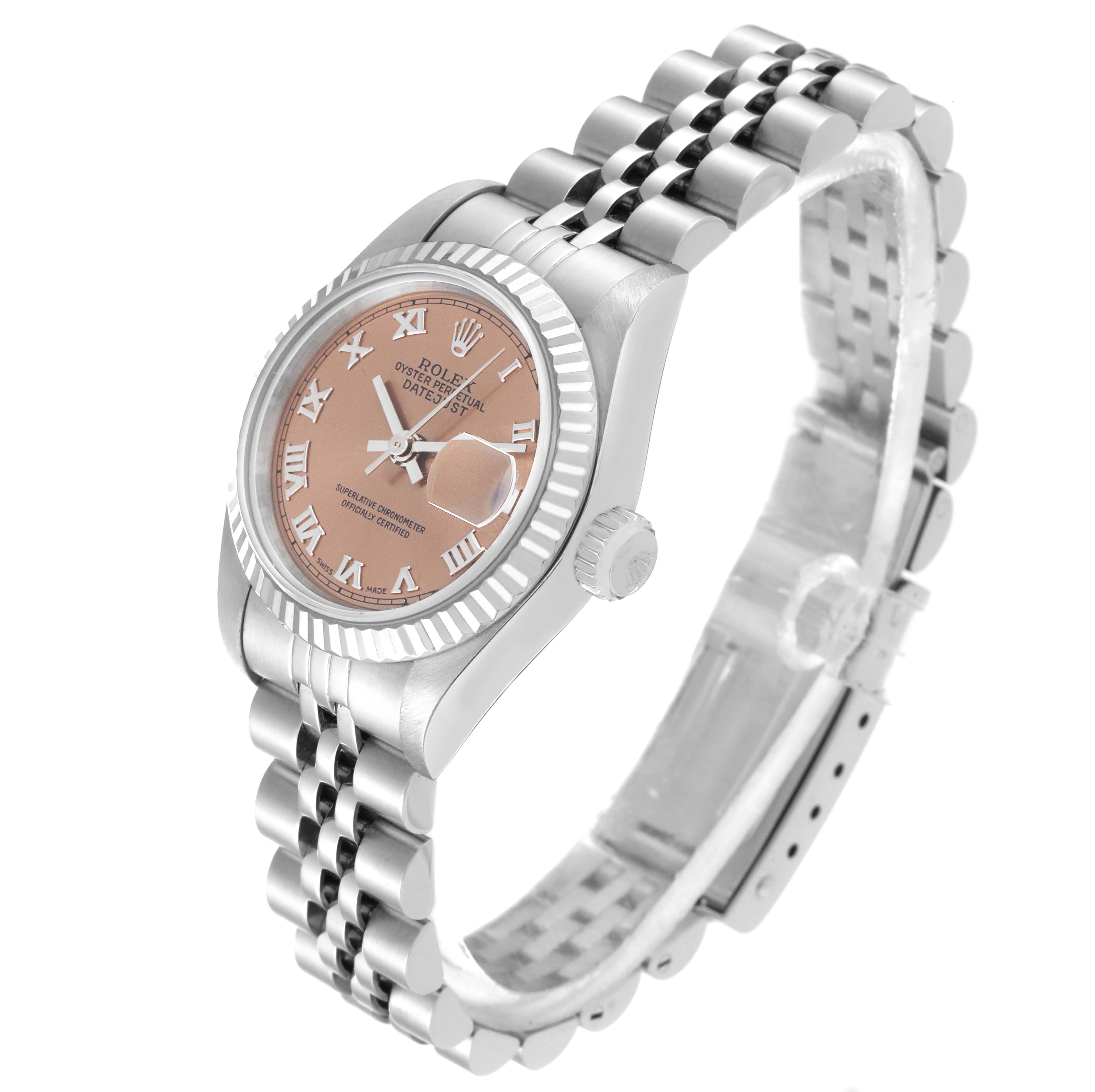 The Rolex Datejust 69174 Women's Stainless Steel Pink Dial 69174 Women's Stainless Steel Pink Dial watch is shown at a three-quarter angle highlighting the watch face, bezel, crown, and Jubilee bracelet.