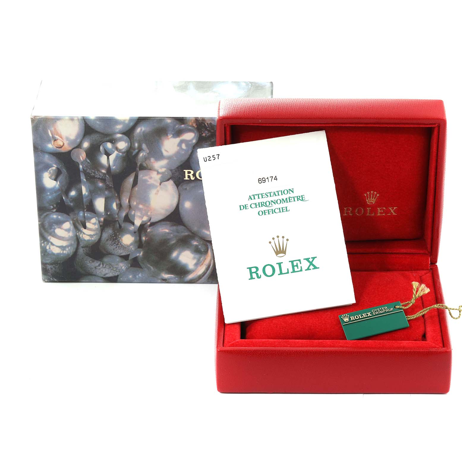 The image shows a Rolex Datejust 69174 Women's Stainless Steel Pink Dial 69174 Women's Stainless Steel Pink Dial watch box, official chronometer certification, and a Rolex tag, all viewed from the front.