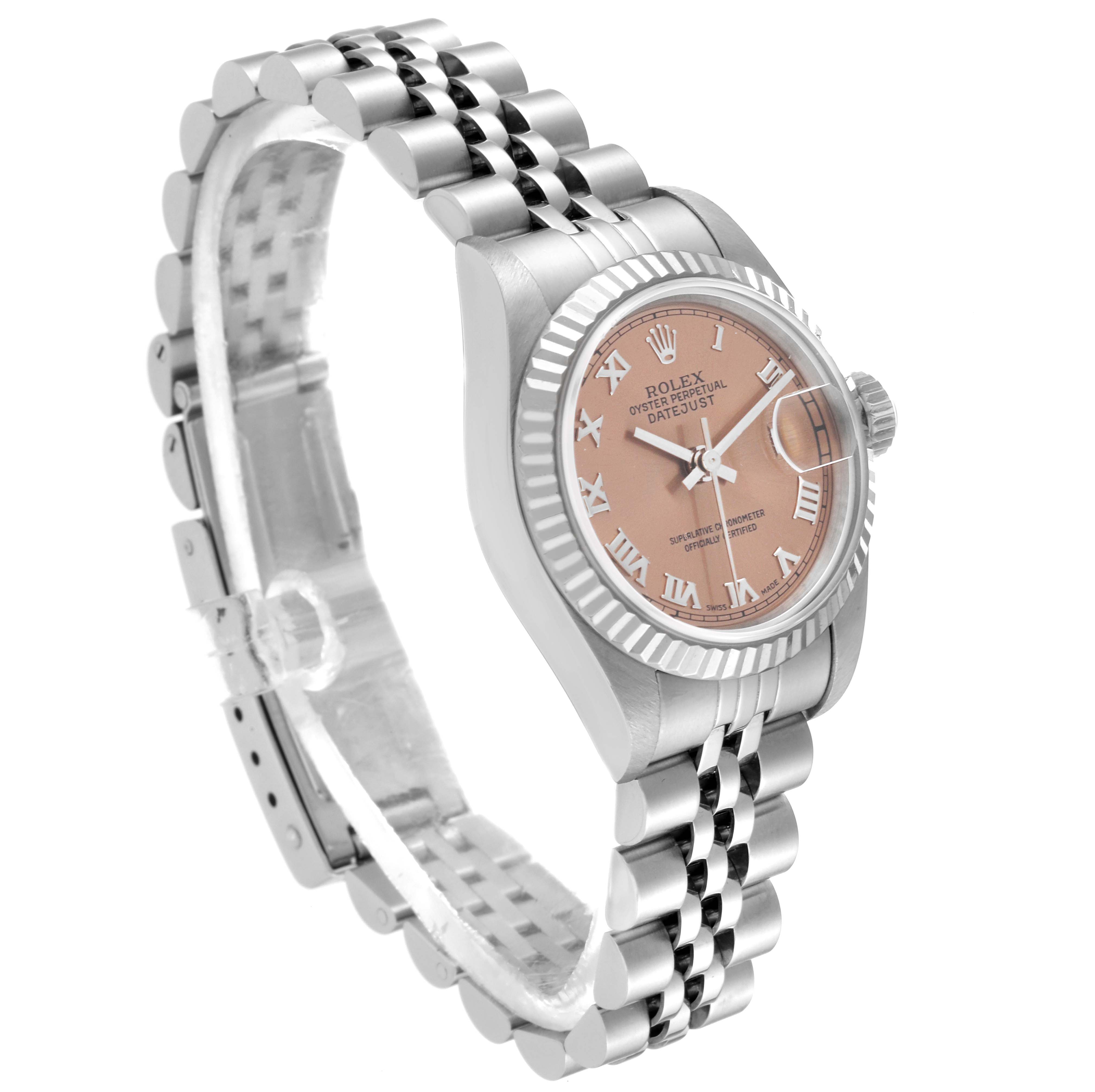 This Rolex Datejust 69174 Women's Stainless Steel Pink Dial 69174 Women's Stainless Steel Pink Dial watch is shown at a slight angle, highlighting its face, bezel, crown, and partly extended jubilee bracelet.
