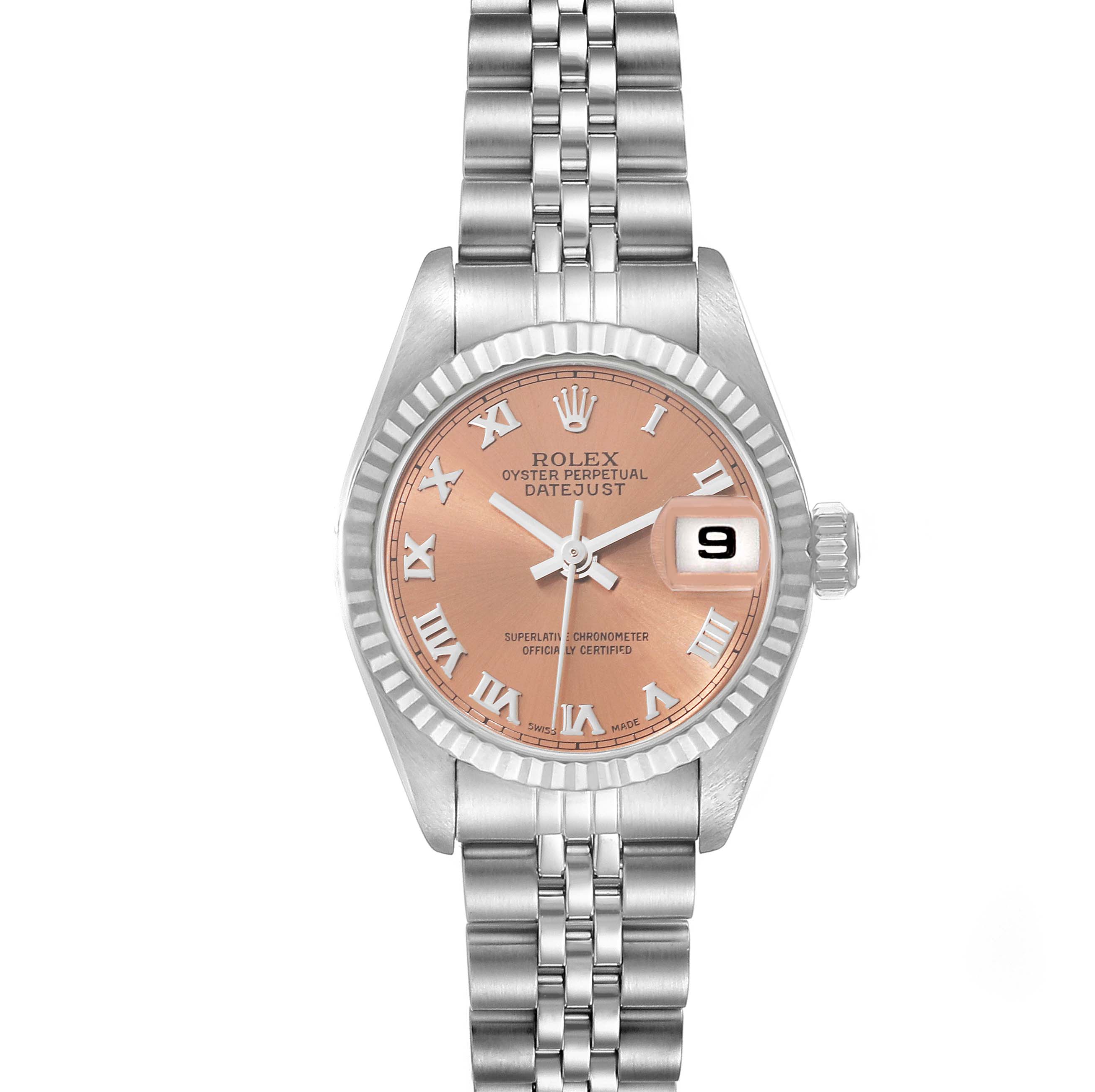 The image shows a frontal view of a Rolex Datejust 69174 Women's Stainless Steel Pink Dial 69174 Women's Stainless Steel Pink Dial watch featuring a silver bracelet and a pink dial with a date window.