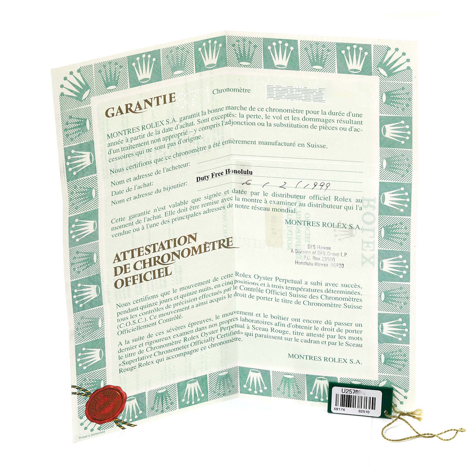 The image shows the warranty and chronometer certification documents for a Rolex Datejust 69174 Women's Stainless Steel Pink Dial 69174 Women's Stainless Steel Pink Dial model.