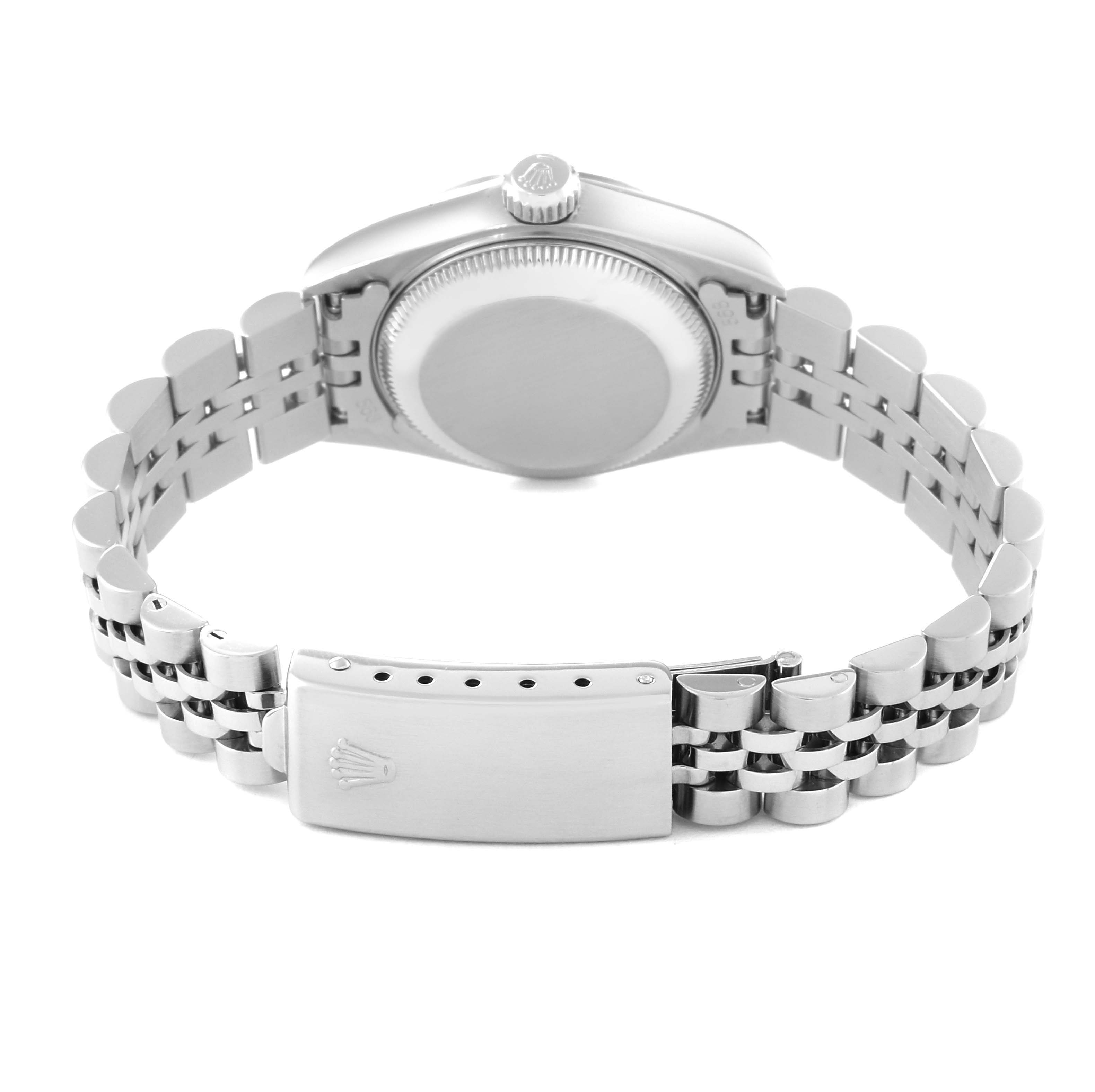 This image shows the back of a Rolex Datejust 69174 Women's Stainless Steel Pink Dial 69174 Women's Stainless Steel Pink Dial watch, featuring the case back, crown, and Jubilee bracelet with the clasp.