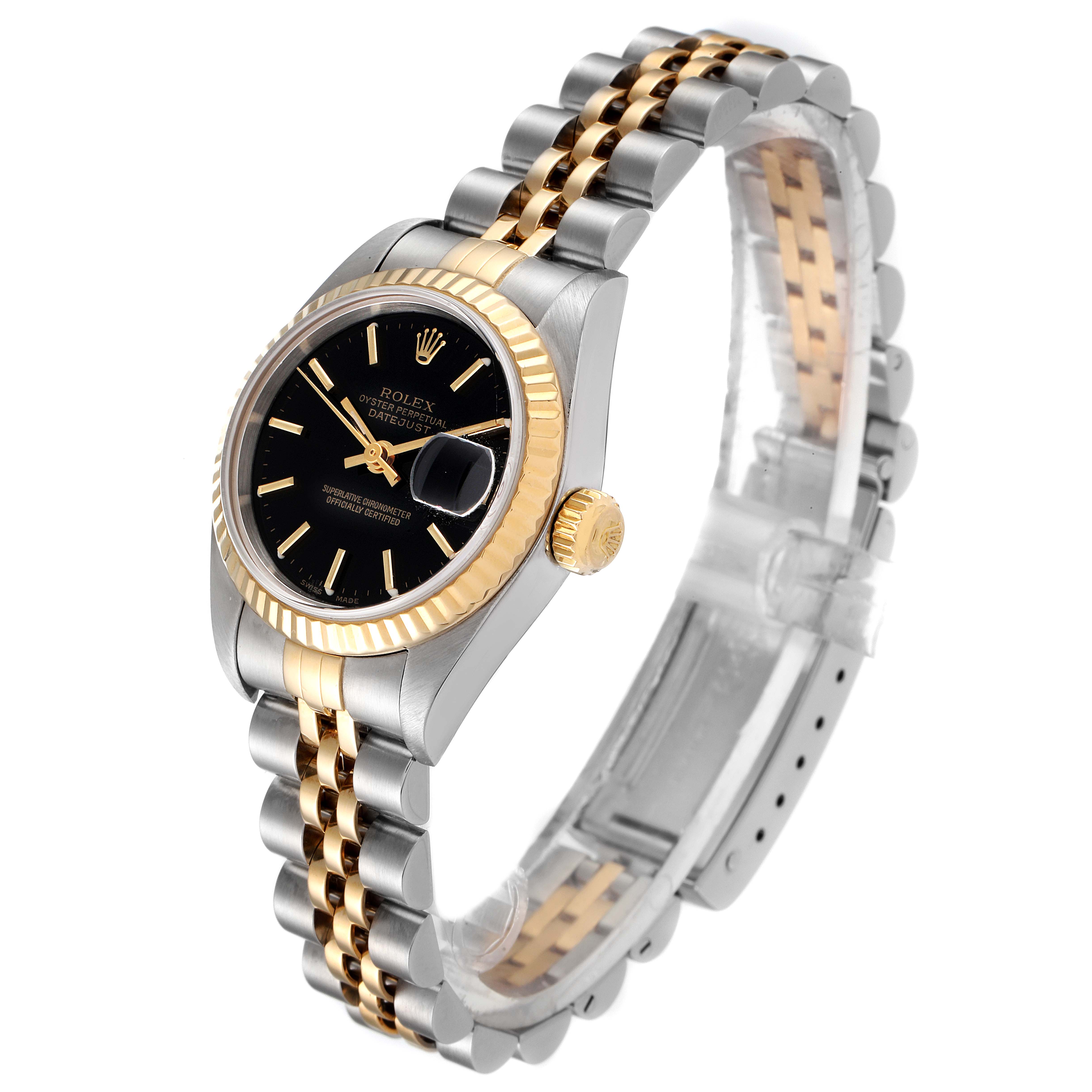 This image shows a side angle of a Rolex Datejust 79173 Women
s Steel and Gold (two tone) Black Dial 79173 Women
s Steel and Gold (two tone) Black Dial watch, highlighting its black dial, two-tone bracelet, and gold bezel.