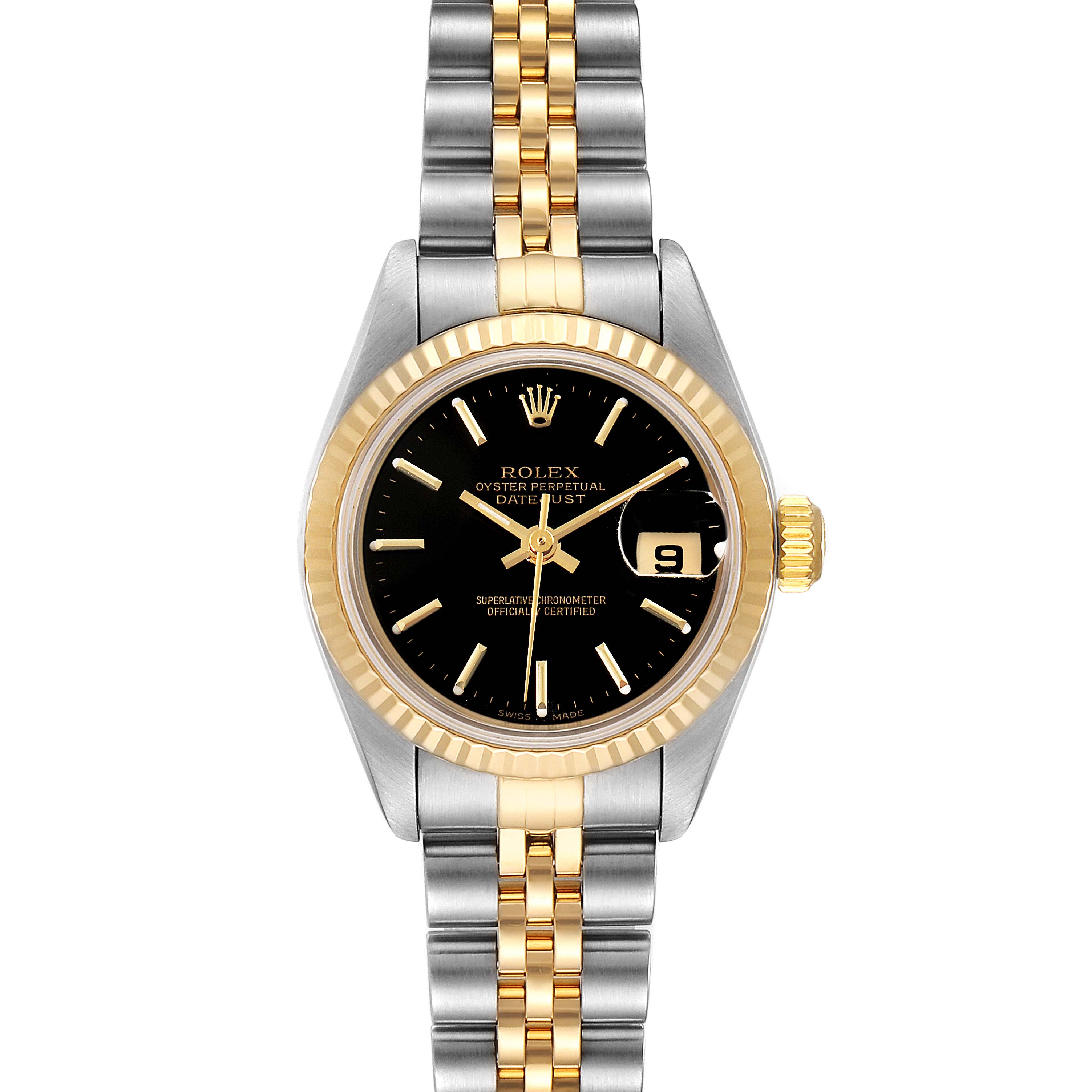 This Rolex Datejust 79173 Women
s Steel and Gold (two tone) Black Dial 79173 Women
s Steel and Gold (two tone) Black Dial watch is shown from the front, highlighting the face, bezel, and two-tone bracelet.