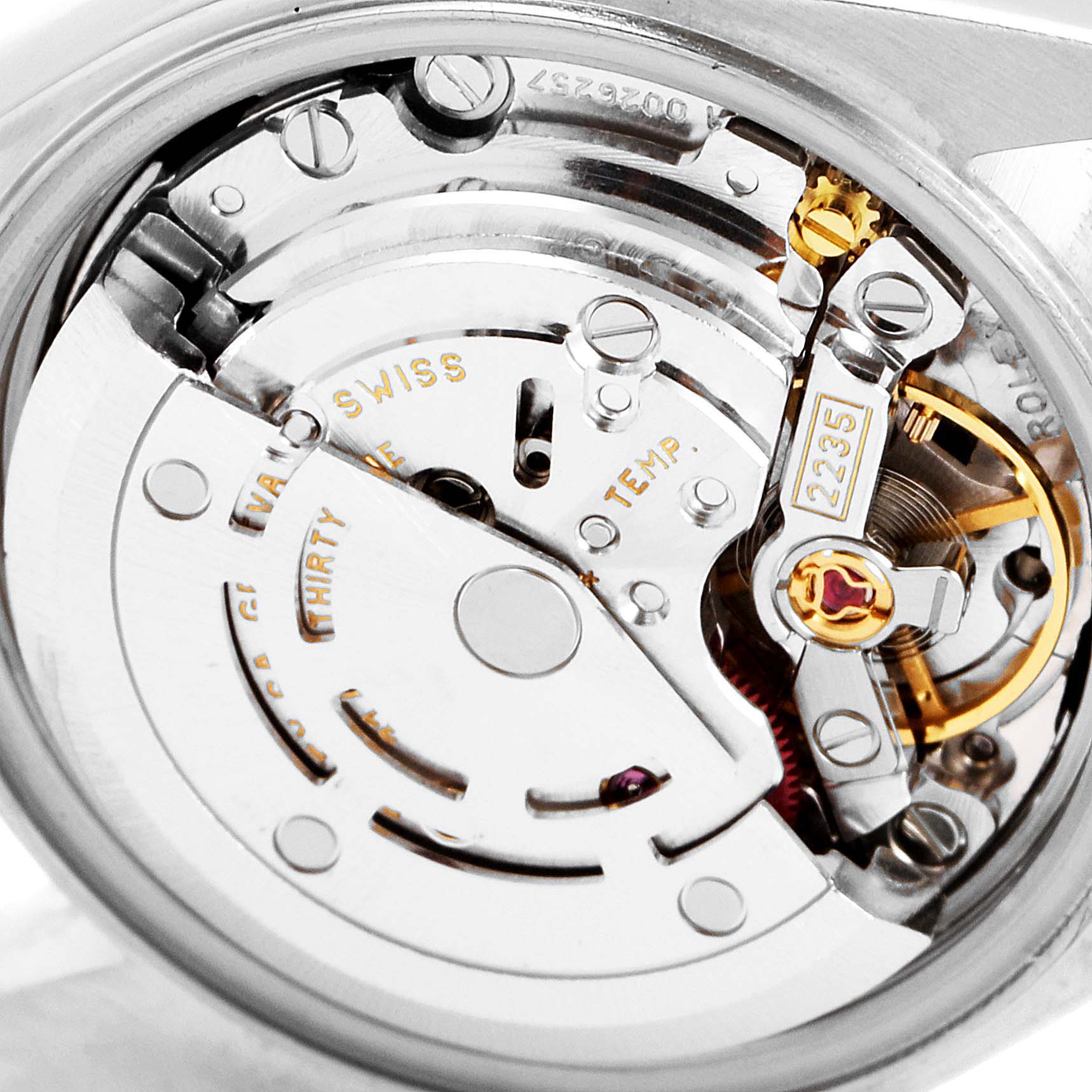 This image shows the internal movement mechanism of a Rolex Datejust 79173 Women
s Steel and Gold (two tone) Black Dial 79173 Women
s Steel and Gold (two tone) Black Dial watch at a close-up angle.