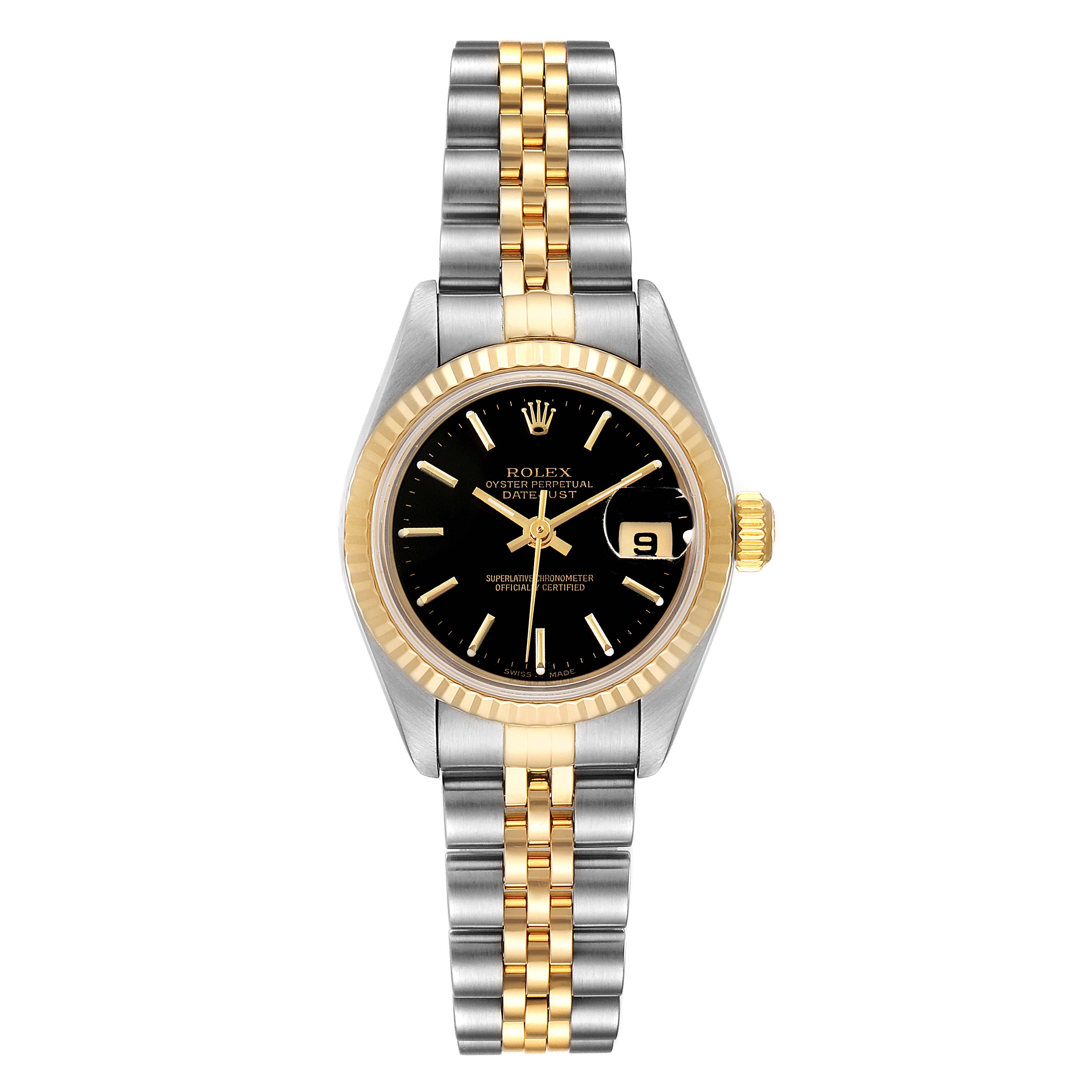 The image shows a Rolex Datejust 79173 Women
s Steel and Gold (two tone) Black Dial 79173 Women
s Steel and Gold (two tone) Black Dial watch from a top-down angle, displaying the face, bezel, and Jubilee bracelet.