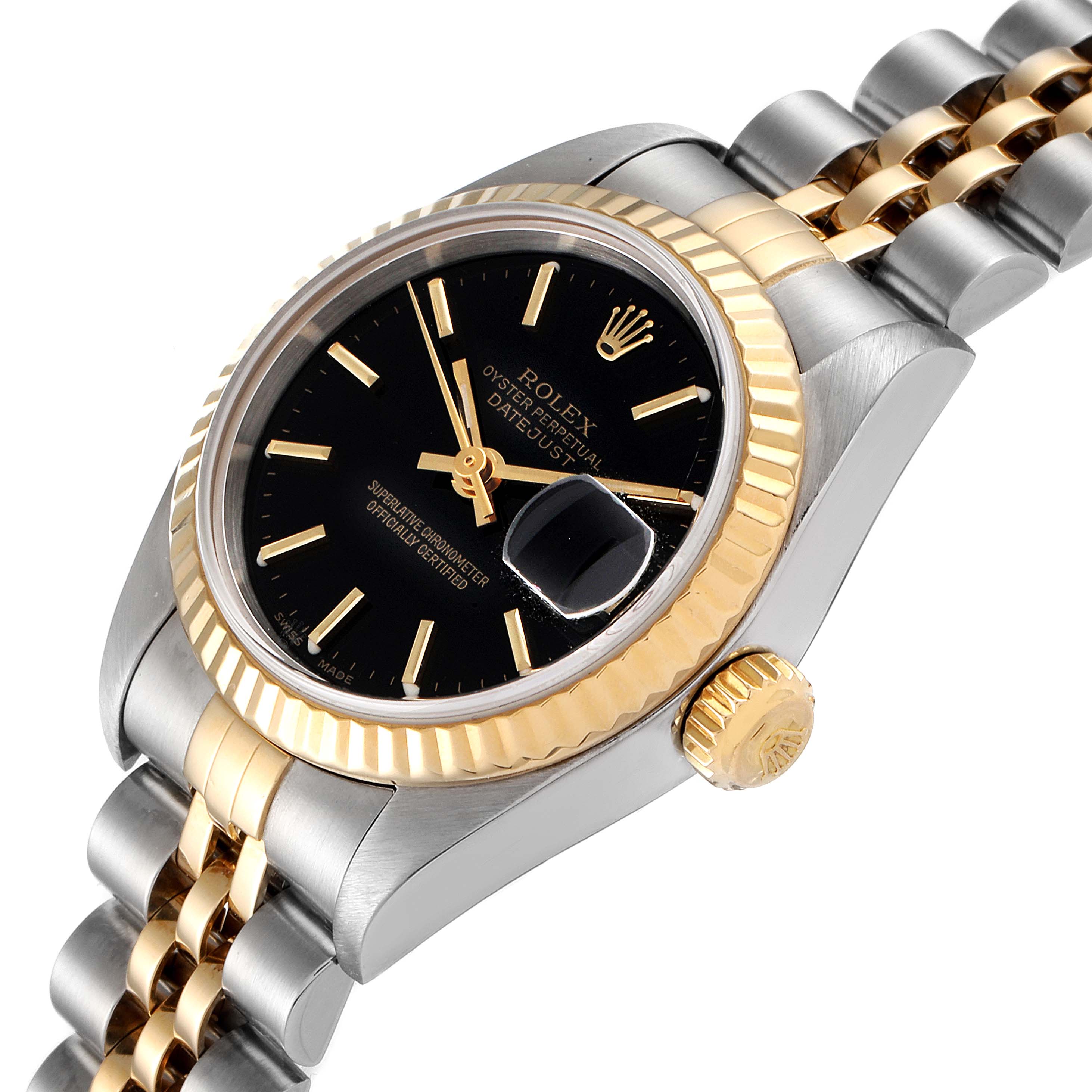 This image shows a Rolex Datejust 79173 Women
s Steel and Gold (two tone) Black Dial 79173 Women
s Steel and Gold (two tone) Black Dial watch from a slightly angled side view, highlighting the dial, bezel, crown, and bracelet.