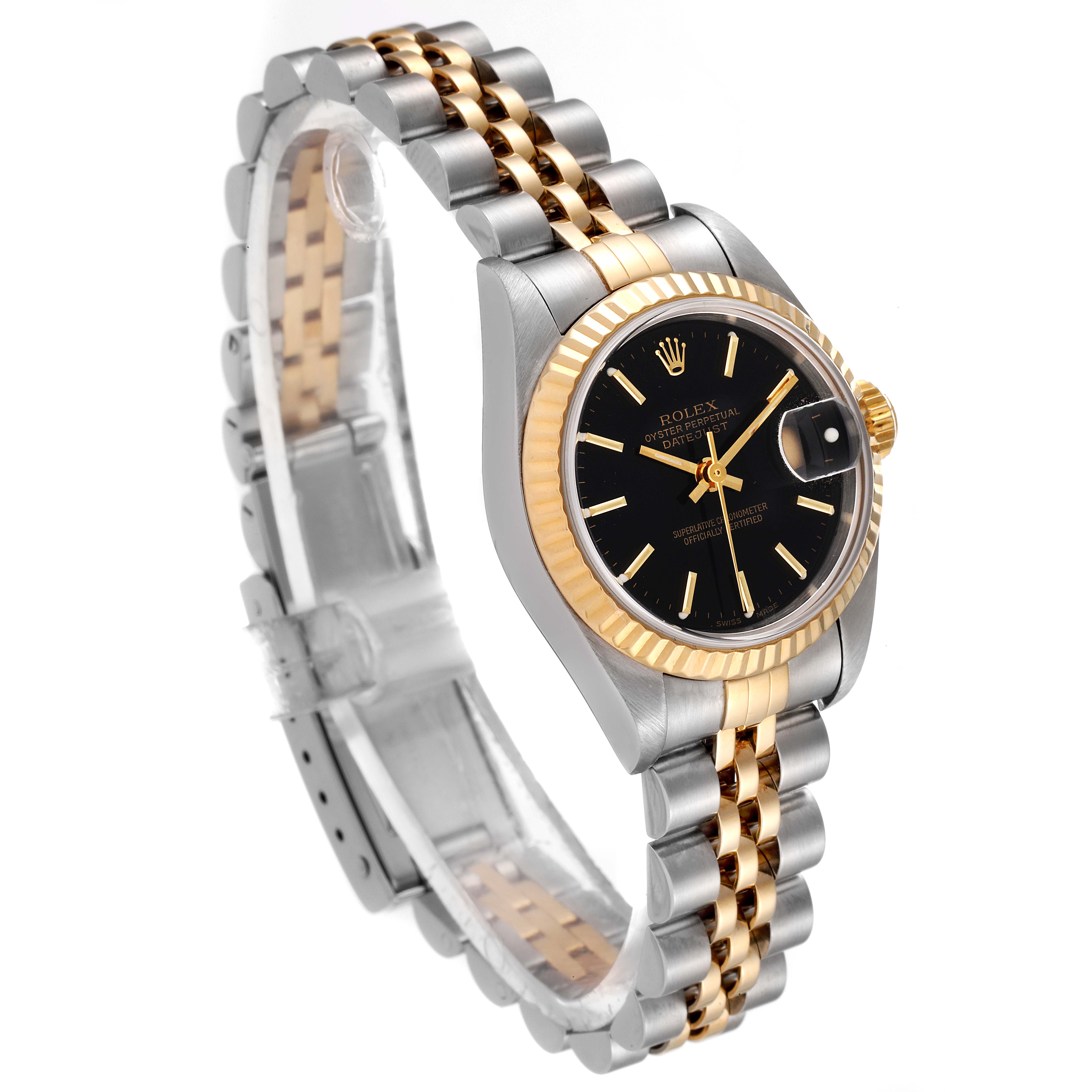 This image shows a Rolex Datejust 79173 Women
s Steel and Gold (two tone) Black Dial 79173 Women
s Steel and Gold (two tone) Black Dial watch at a slight angle, highlighting its dial, fluted bezel, and two-tone bracelet.