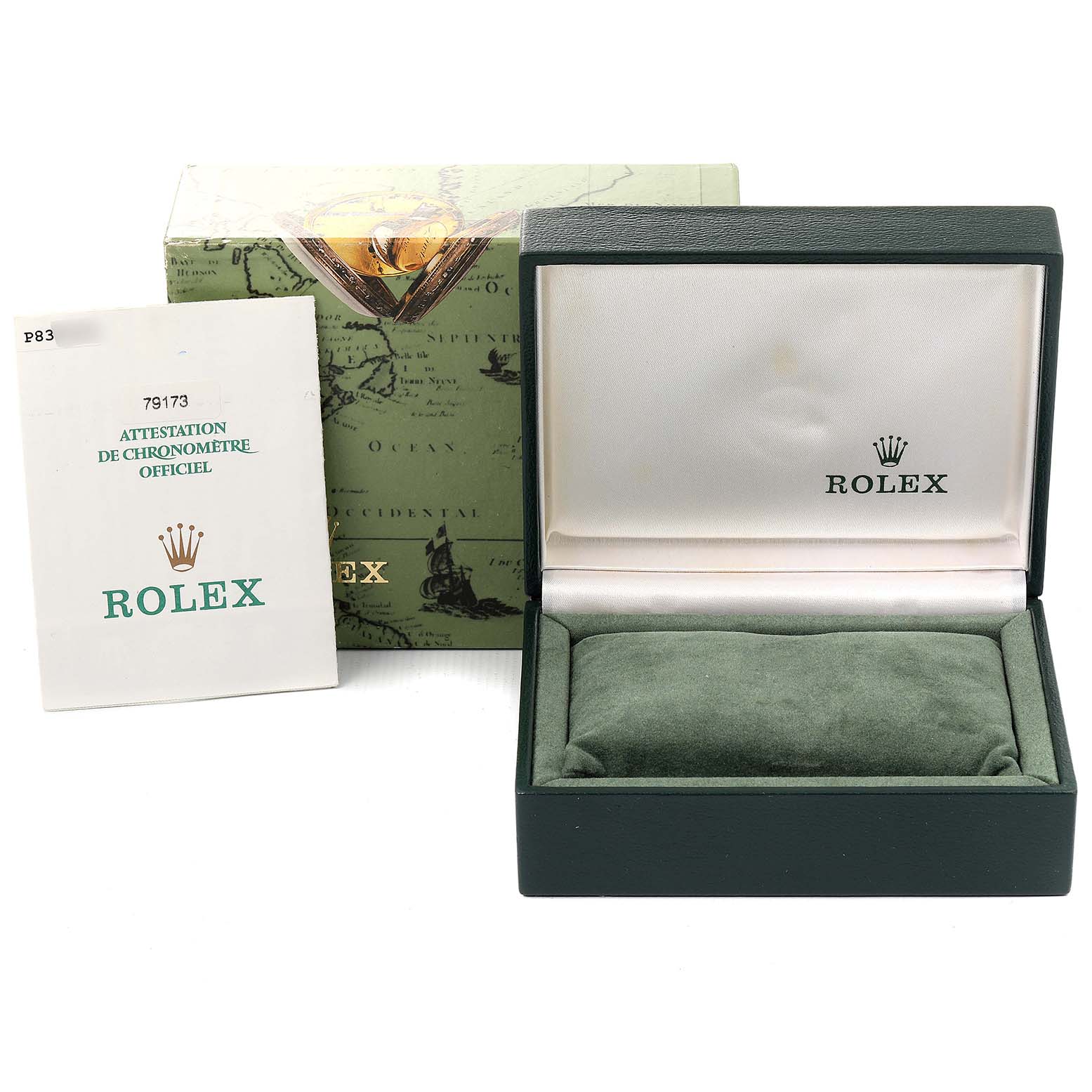 This image shows the packaging and certificate for a Rolex Datejust 79173 Women
s Steel and Gold (two tone) Black Dial 79173 Women
s Steel and Gold (two tone) Black Dial watch, including the box, outer box, and documentation.