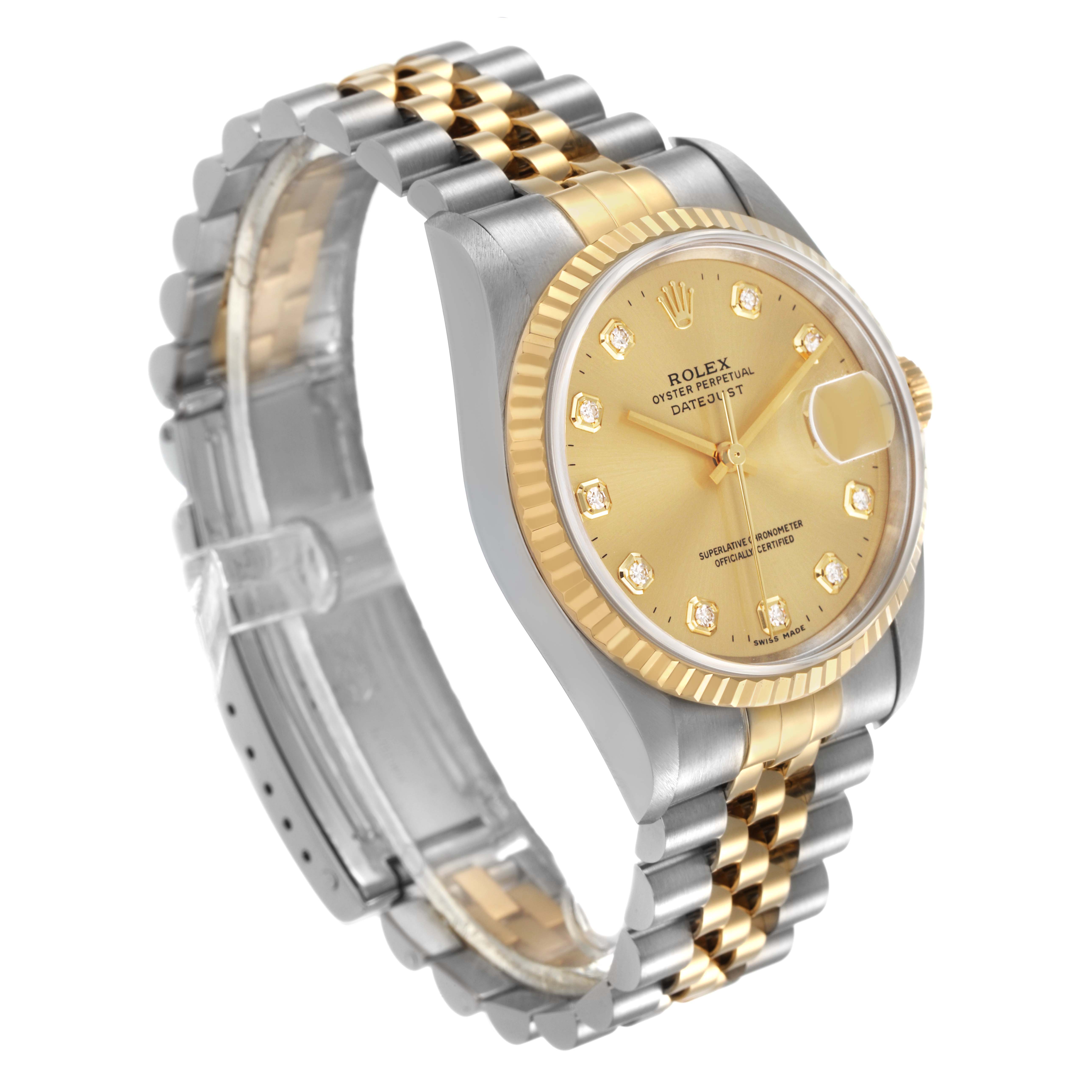 The Rolex Datejust 16233 Men's Stainless Steel Champagne Dial is shown at an angled view, highlighting its gold dial, fluted bezel, and two-tone Jubilee bracelet.