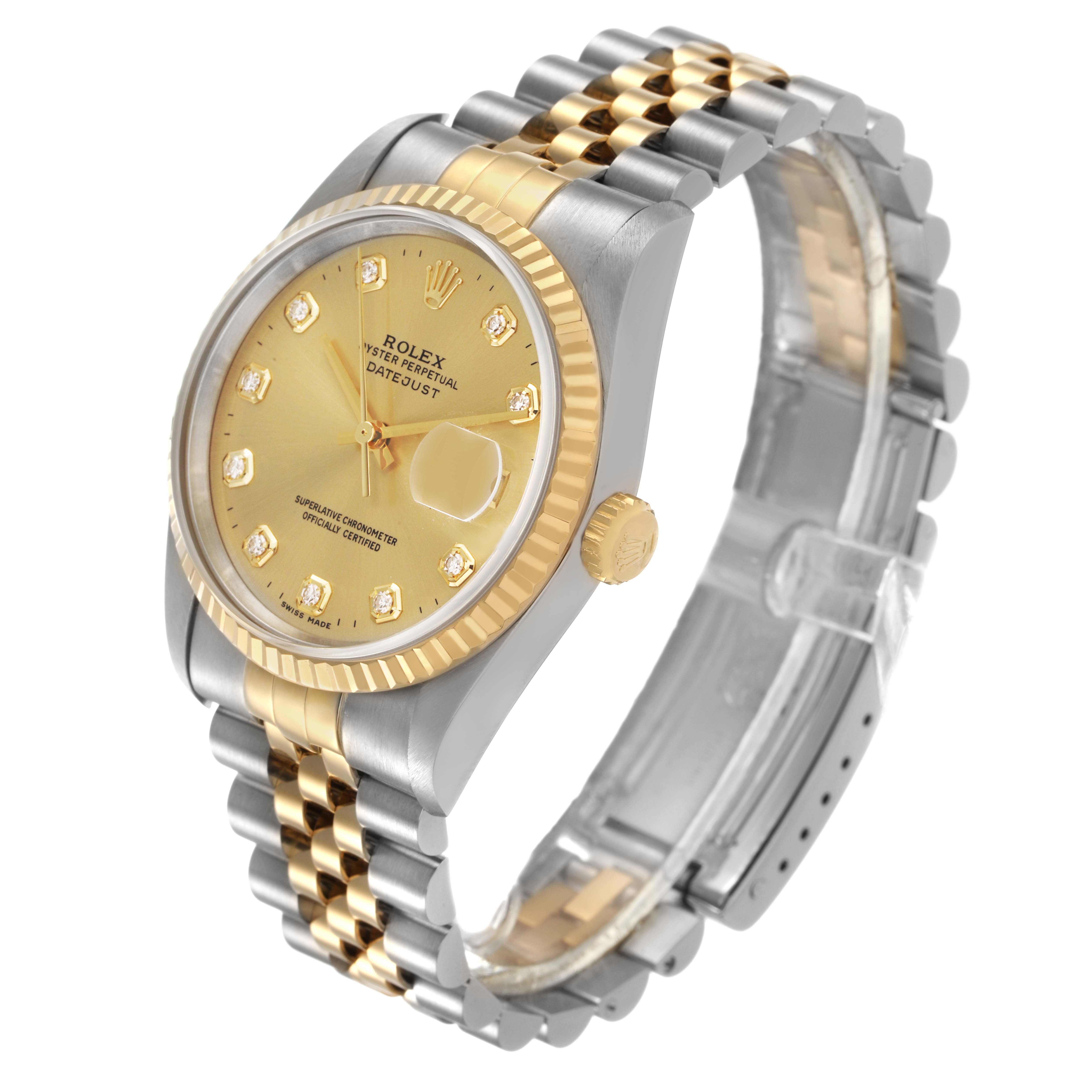 The Rolex Datejust 16233 Men's Stainless Steel Champagne Dial watch is shown at a three-quarter angle, highlighting the gold bezel, champagne dial, and two-tone bracelet.