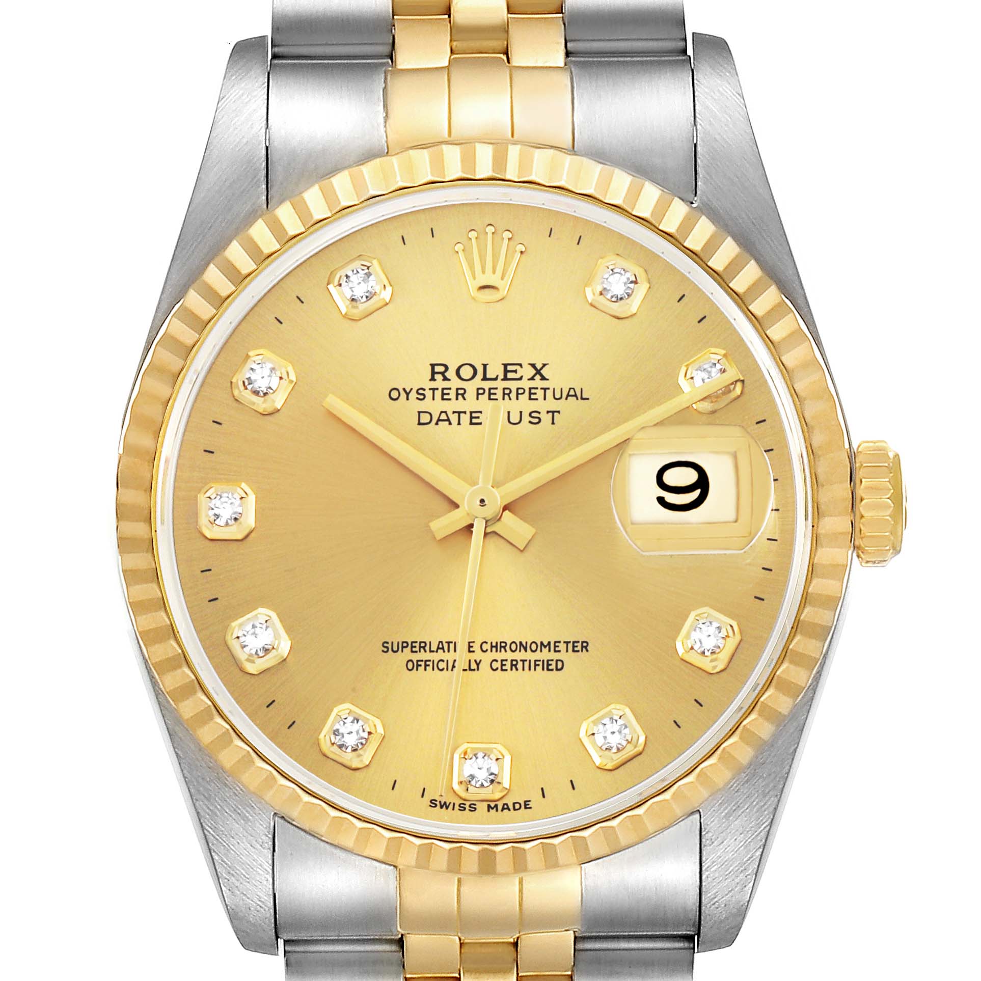 The image shows a Rolex Datejust 16233 Men's Stainless Steel Champagne Dial watch from the front, highlighting the gold dial, diamond hour markers, fluted bezel, and date window.