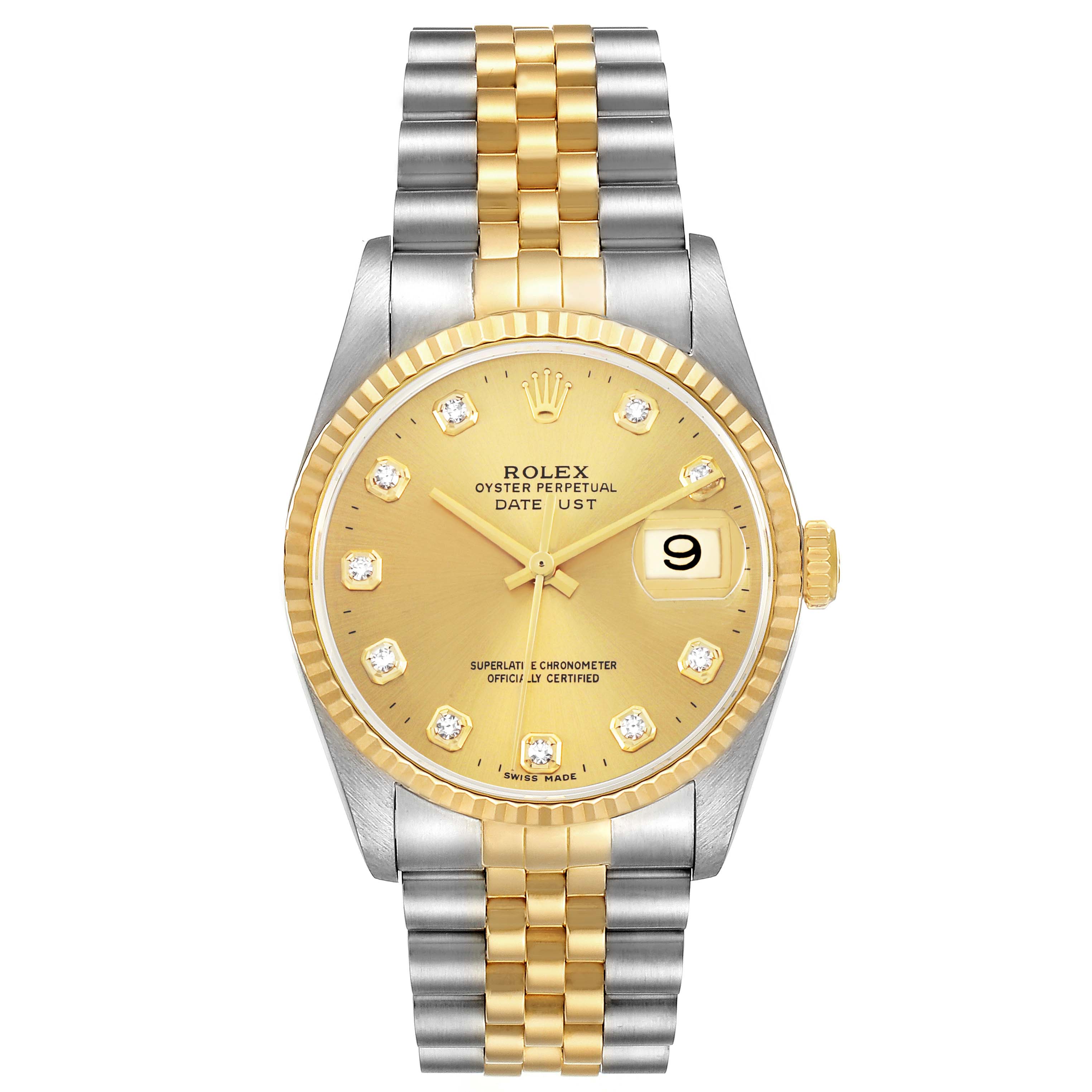 The Rolex Datejust 16233 Men's Stainless Steel Champagne Dial watch is shown from the top, displaying the face, hands, bezel, crown, and full bracelet.