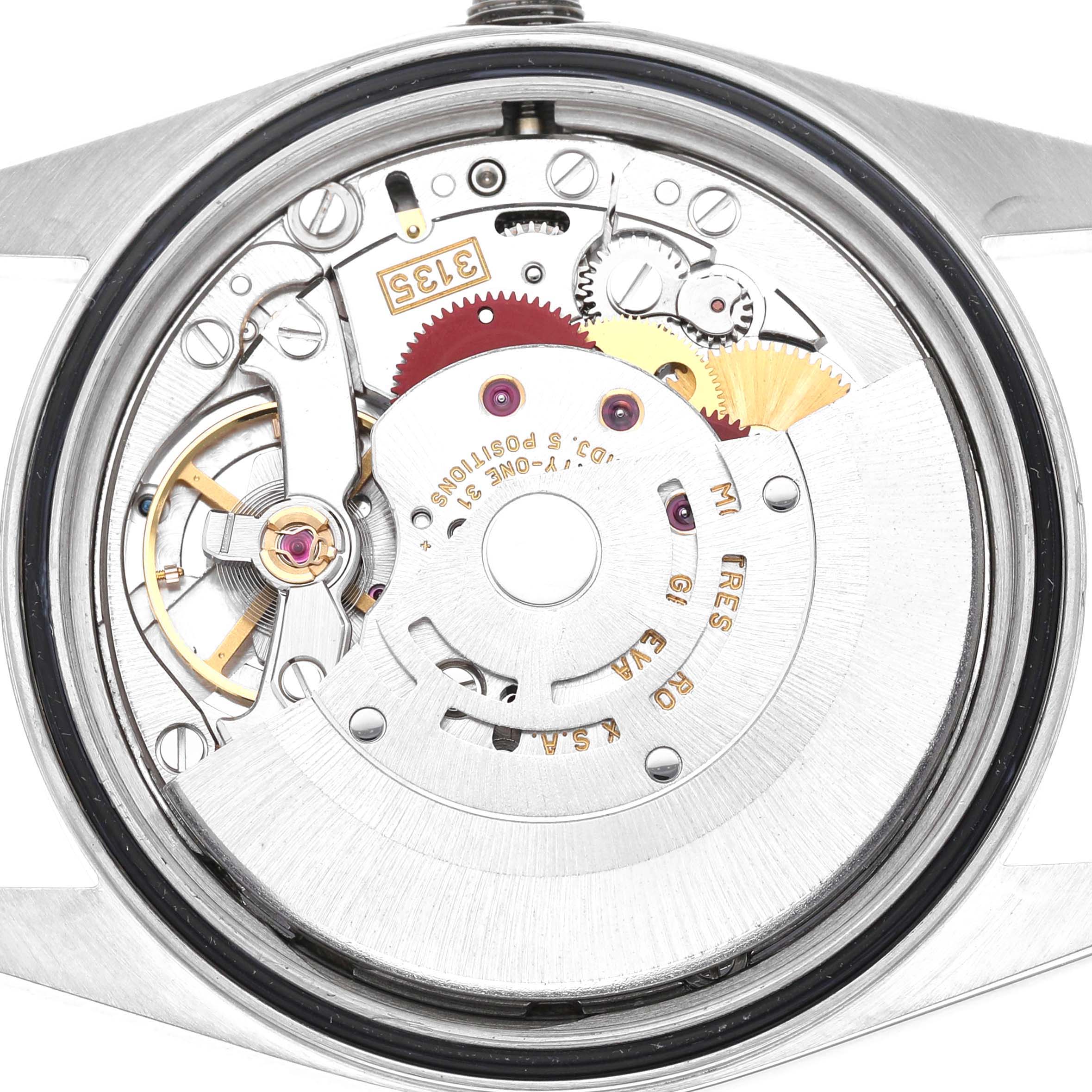 This image shows the movement of a Rolex Datejust 16233 Men's Stainless Steel Champagne Dial watch from a top-down view, highlighting its internal mechanical components.