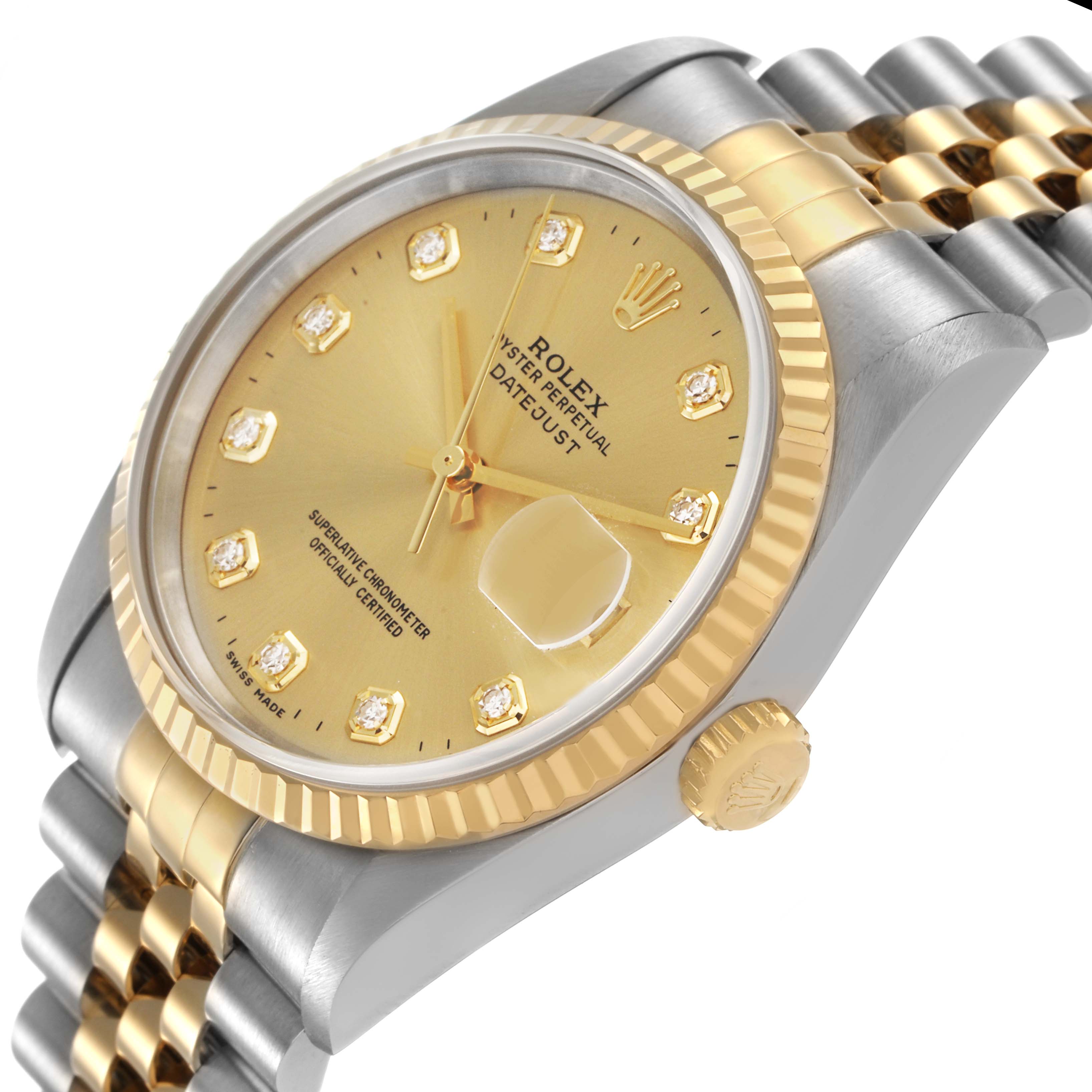 The image shows a close-up, angled view of a Rolex Datejust 16233 Men's Stainless Steel Champagne Dial, highlighting the bezel, dial, crown, and part of the bracelet.